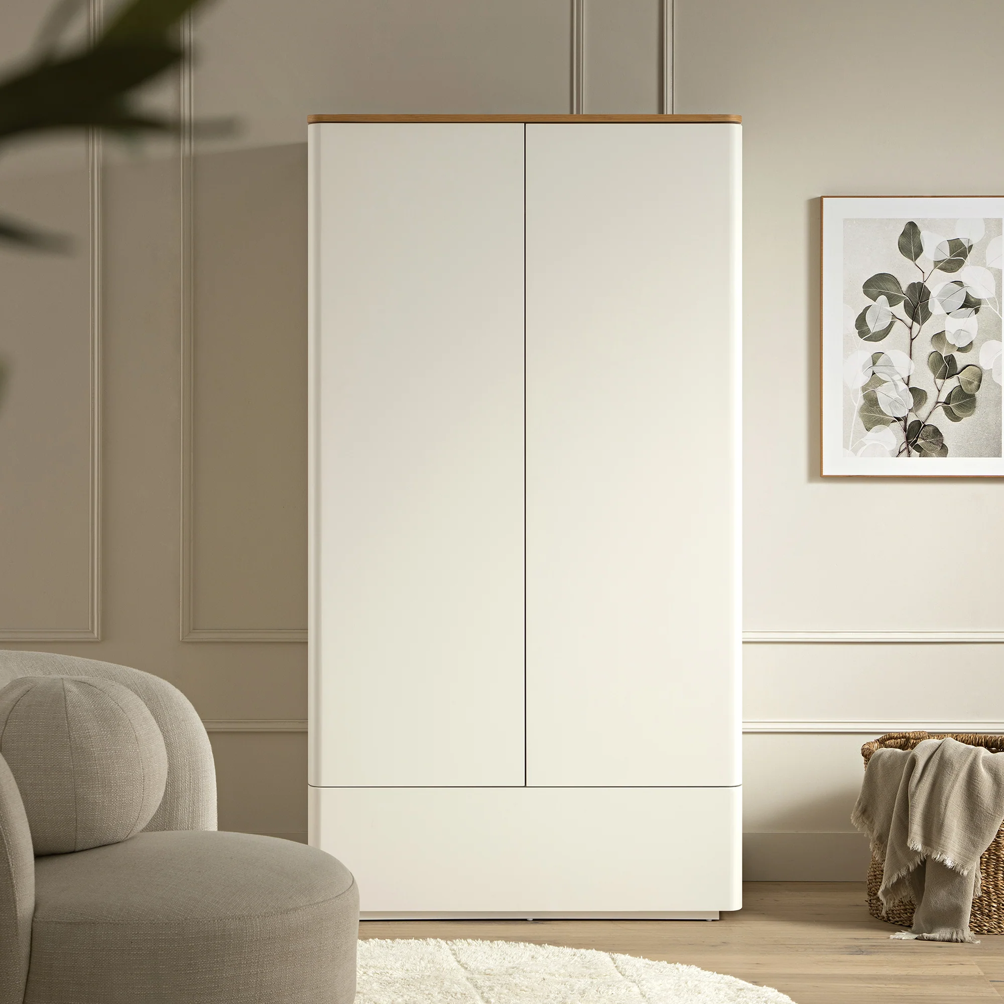Agnes Curved Edge Double Wardrobe, Off White with Oak Top - Image 3