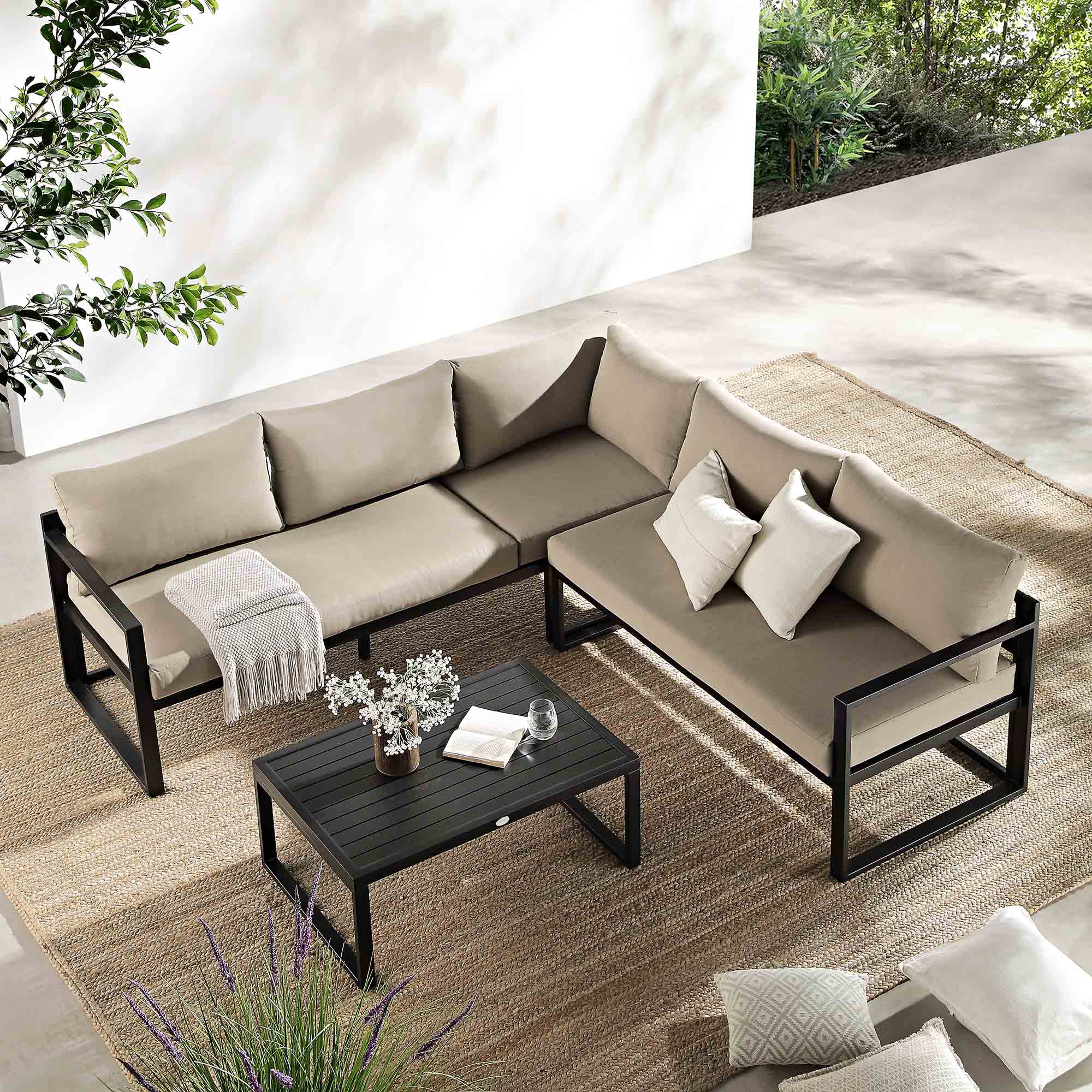 Albany Aluminium Corner Sofa Set with Reclining Back and Coffee Table, Taupe - Image 2