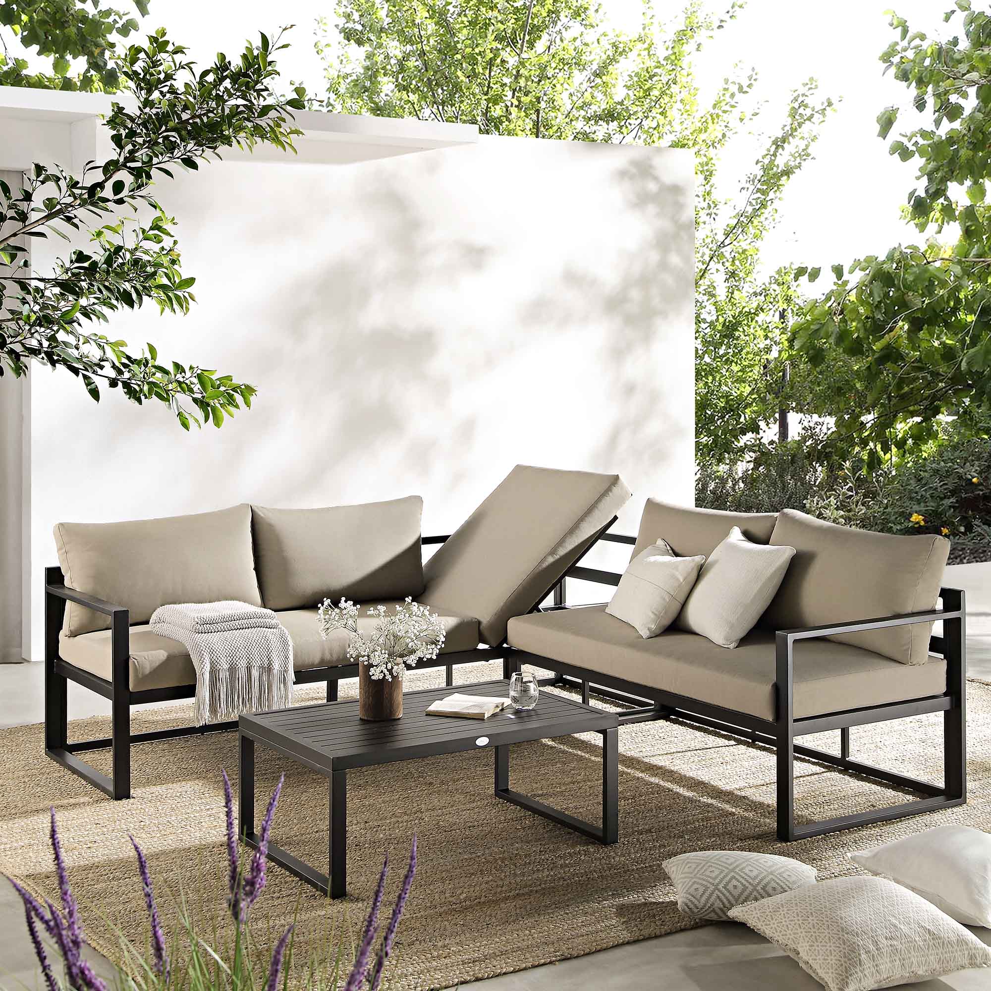 Albany Aluminium Corner Sofa Set with Reclining Back and Coffee Table, Taupe - Image 3