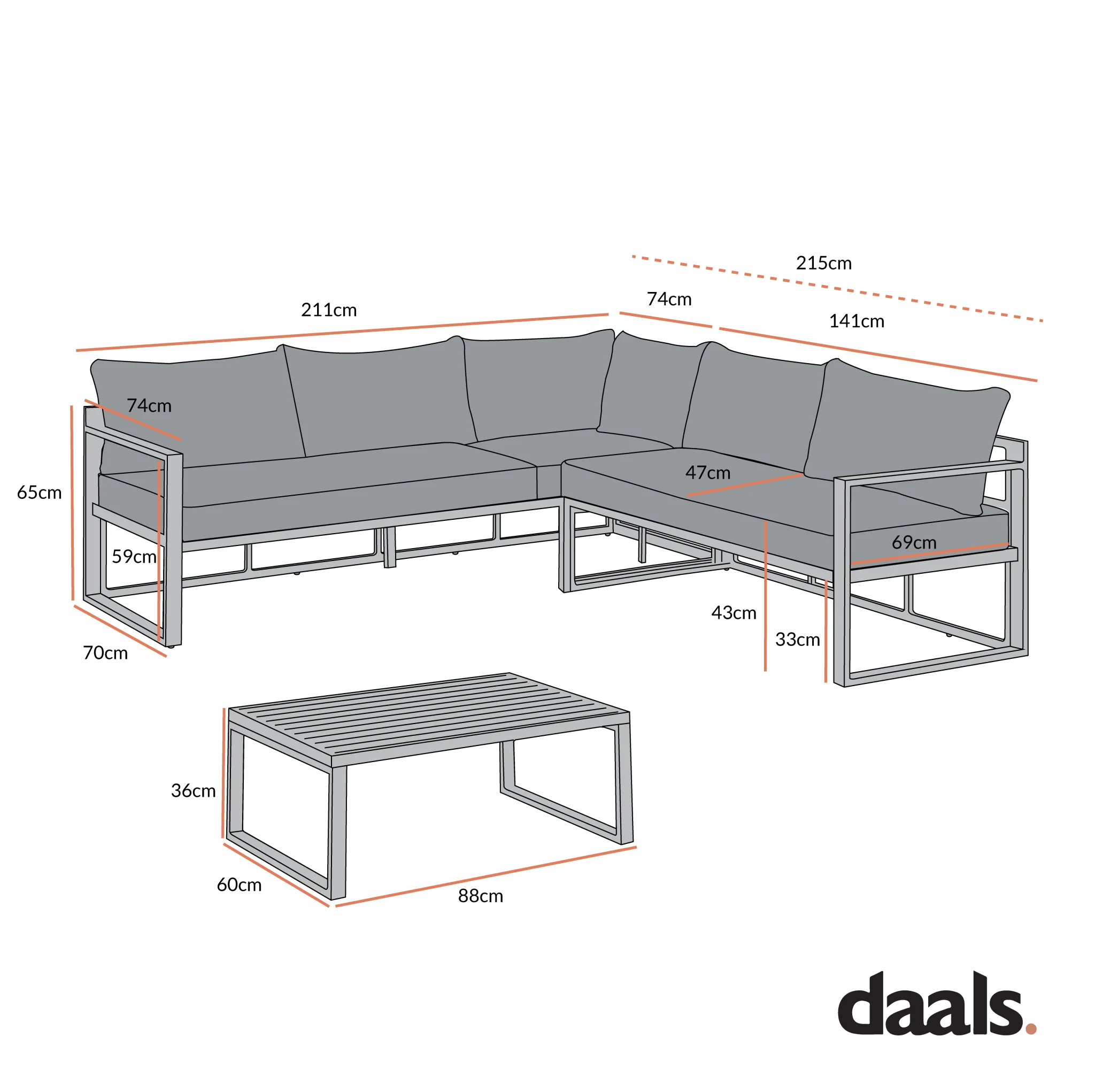 Albany Aluminium Corner Sofa Set with Reclining Back and Coffee Table, Grey - Image 8