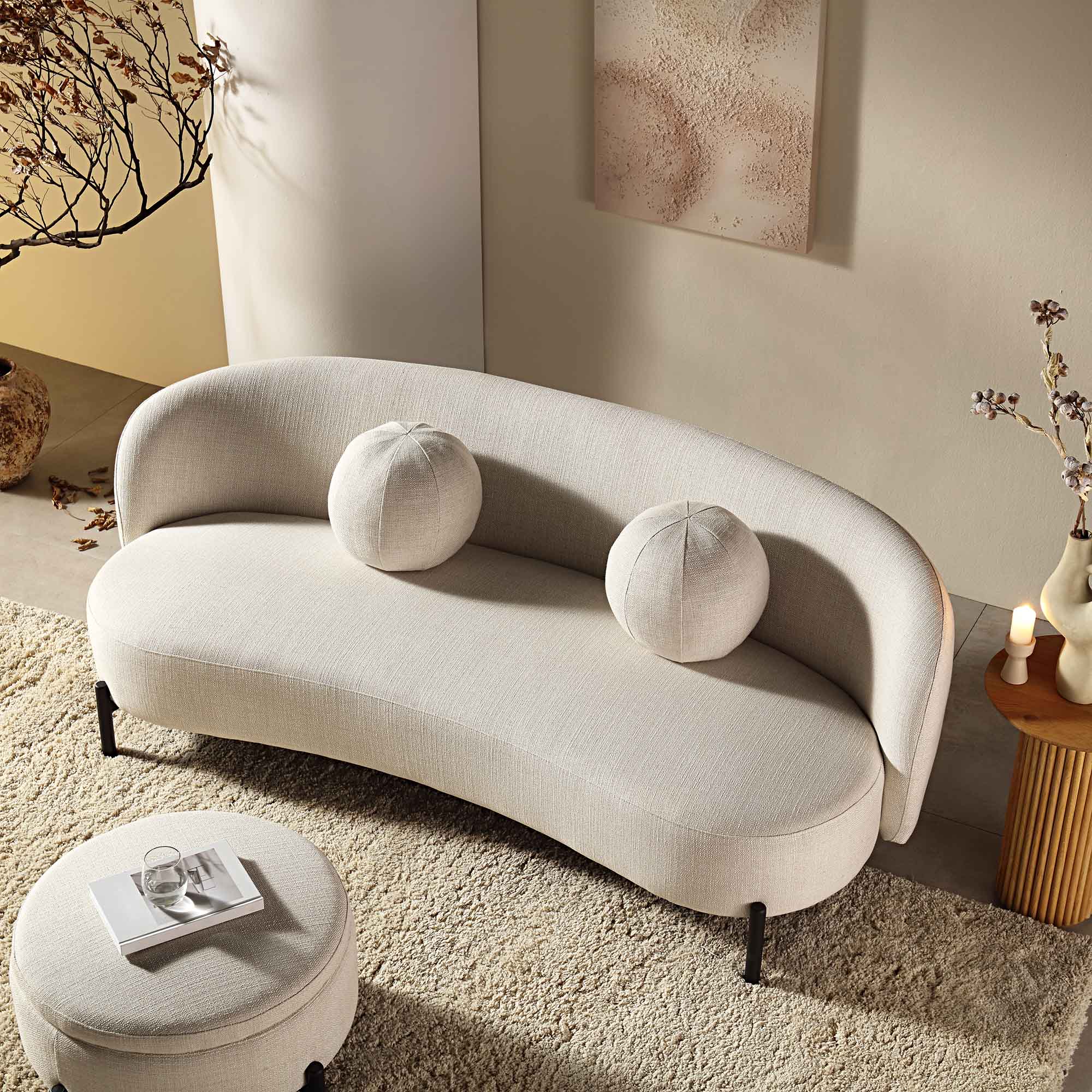 Amboise 3-Seater Curved Sofa with Ball Cushions, Beige Linen Blend - Image 3