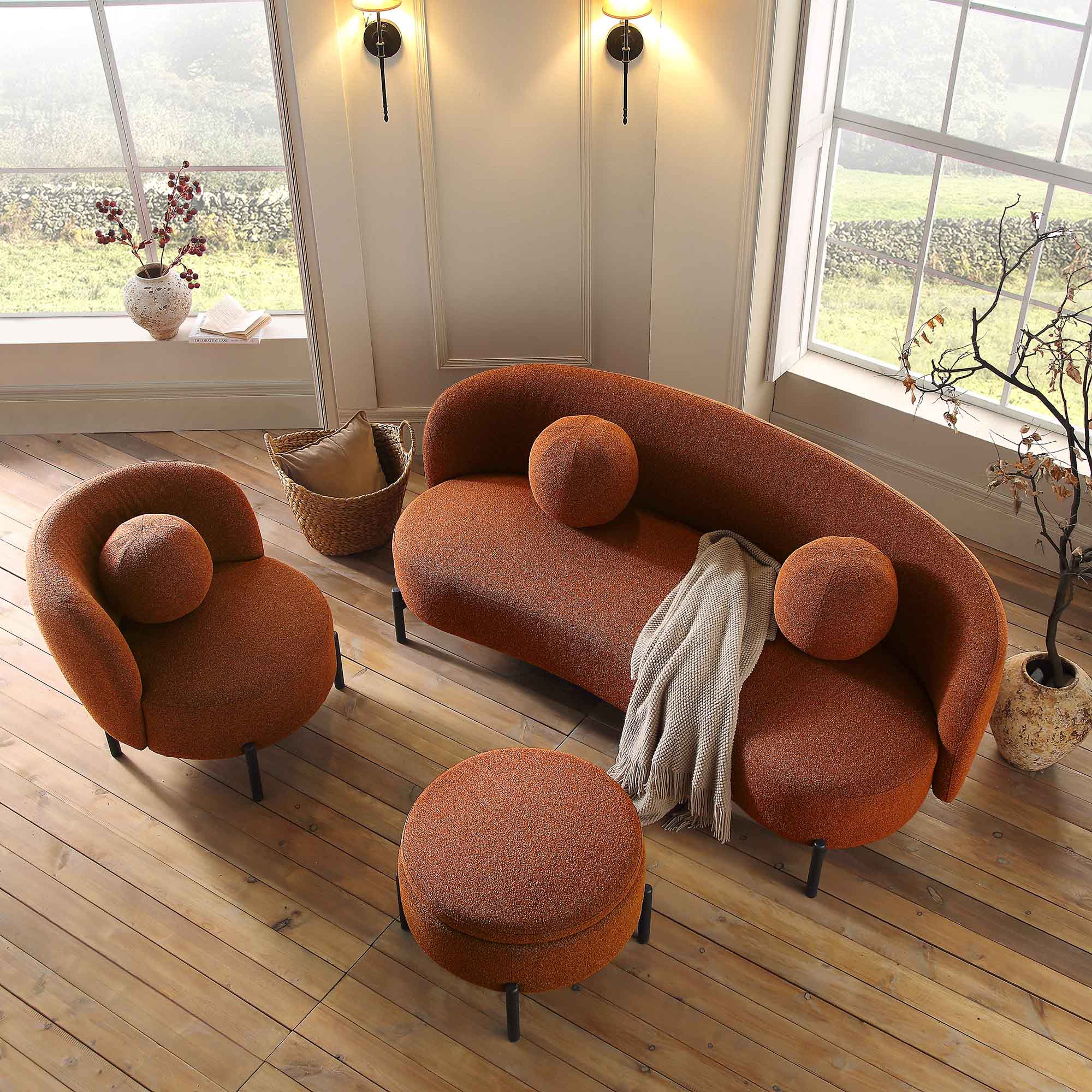 Amboise 3-Seater Curved Sofa with Ball Cushions, Brick Boucle - Image 5