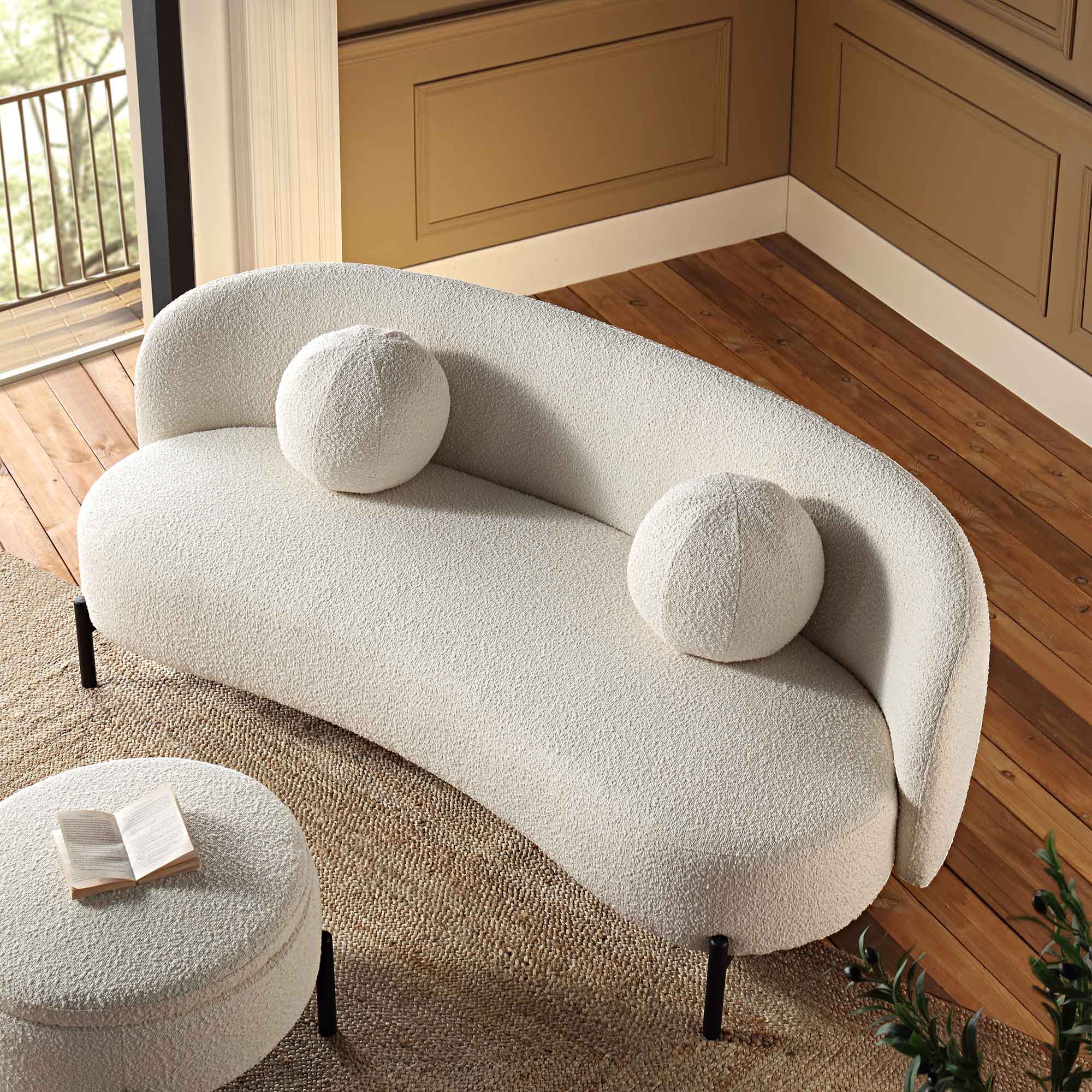 Amboise 3-Seater Curved Sofa with Ball Cushions, Ecru Boucle - Image 2
