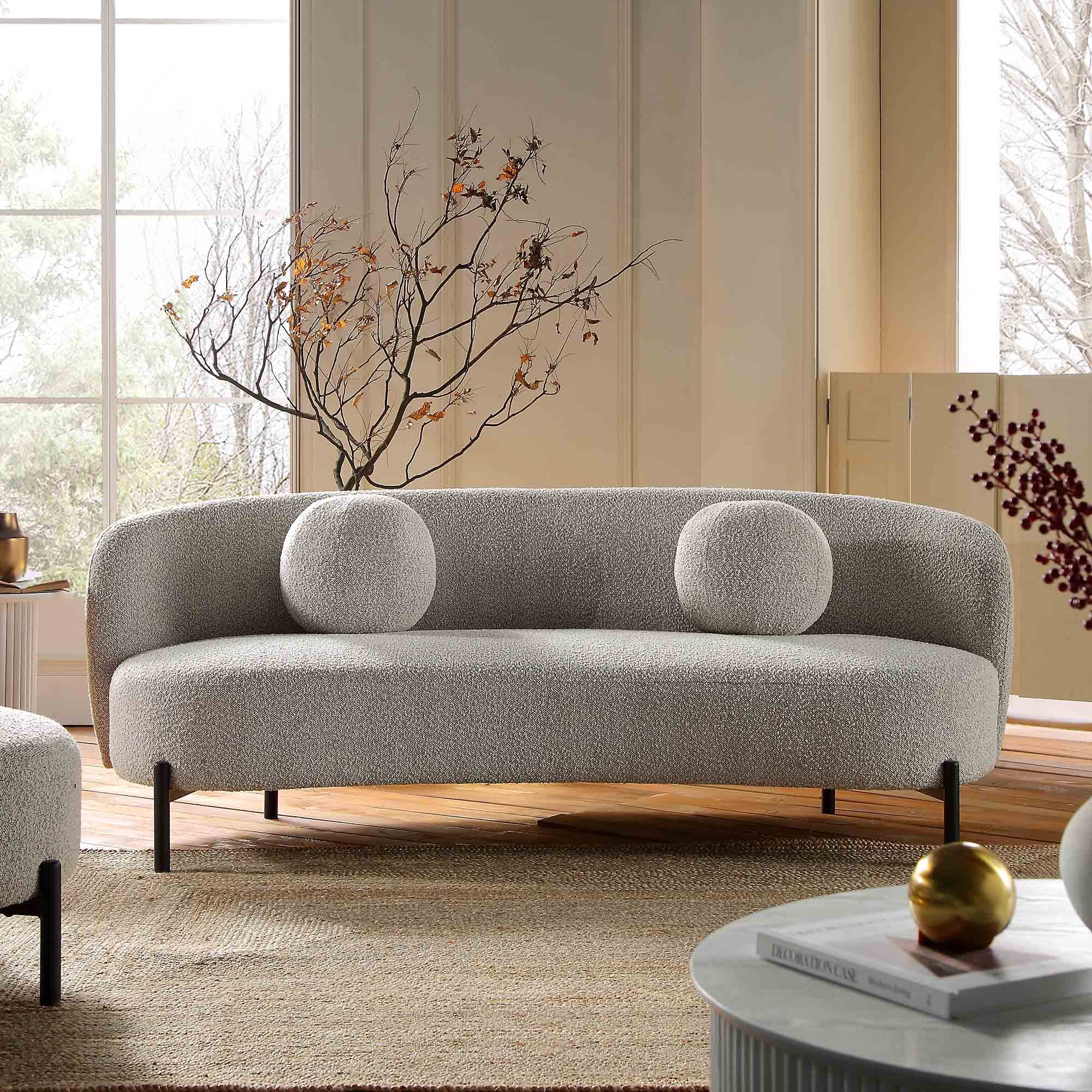 Amboise 3-Seater Curved Sofa with Ball Cushions, Mist Grey Boucle - Image 2