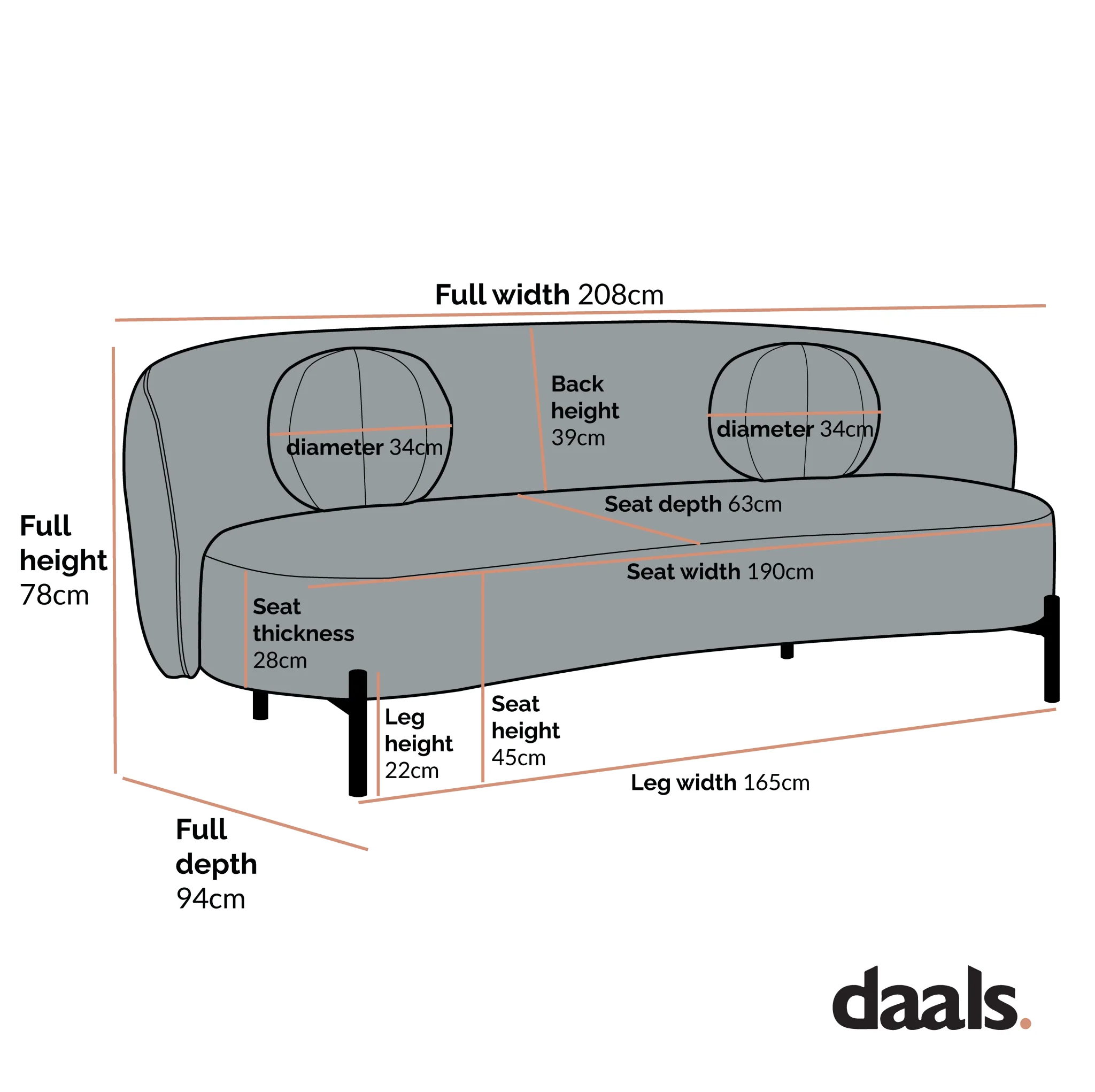 Amboise 3-Seater Curved Sofa with Ball Cushions, Marigold Textured Fabric - Image 7