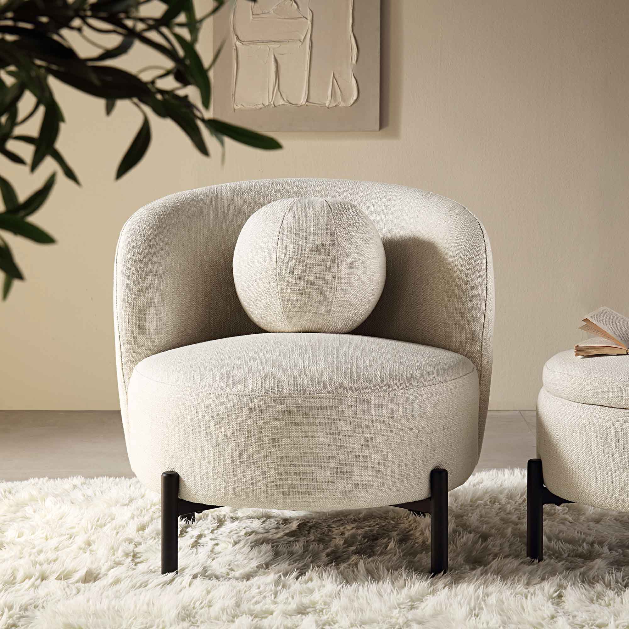 Amboise Armchair with Ball Cushion, Beige Linen Blend - Image 3