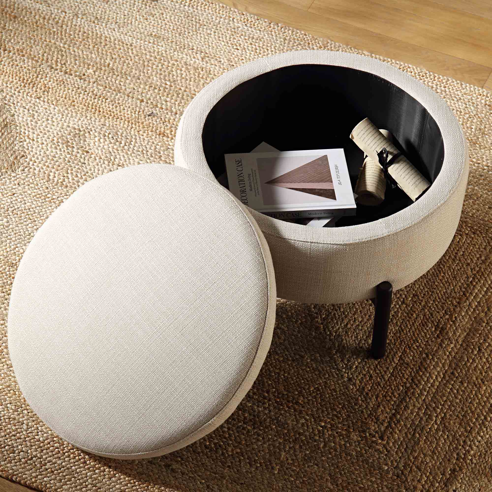 Amboise Round Storage Pouffe, Beige Linen Blend - Image 3