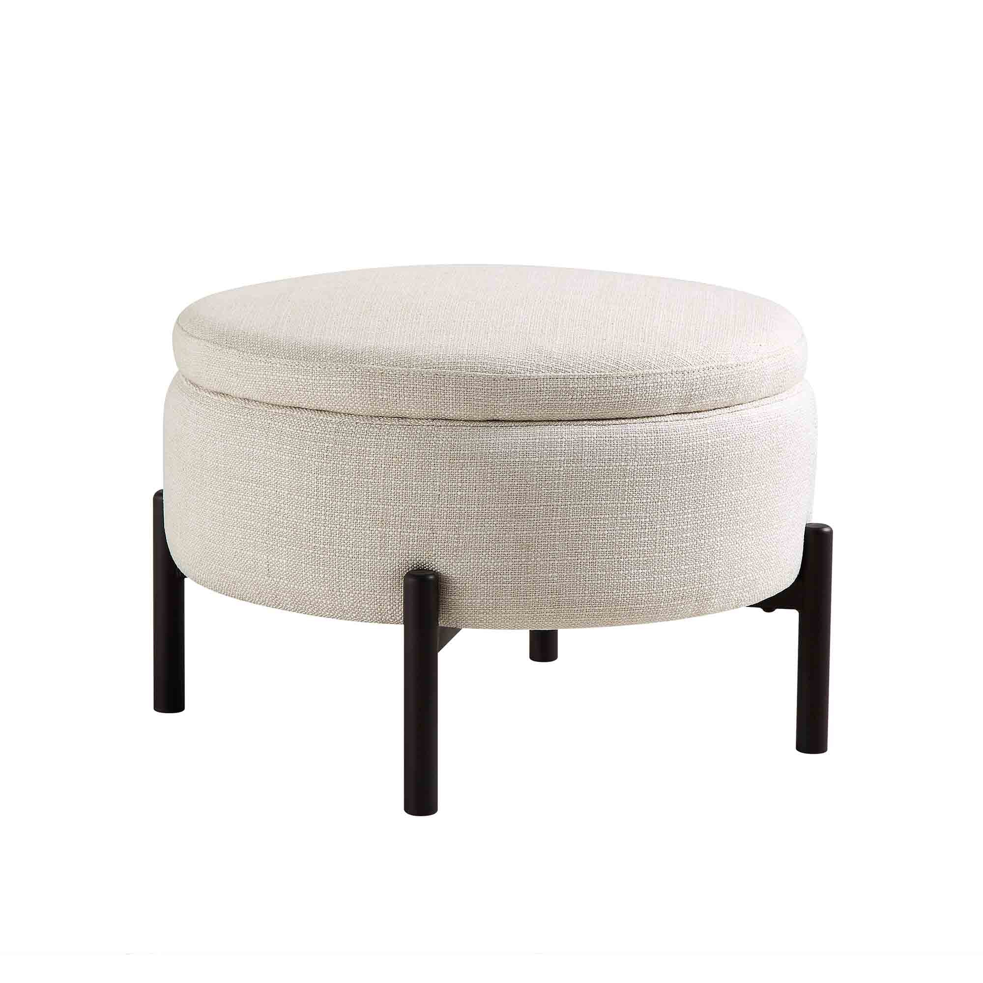 Amboise Round Storage Pouffe, Beige Linen Blend - Image 4