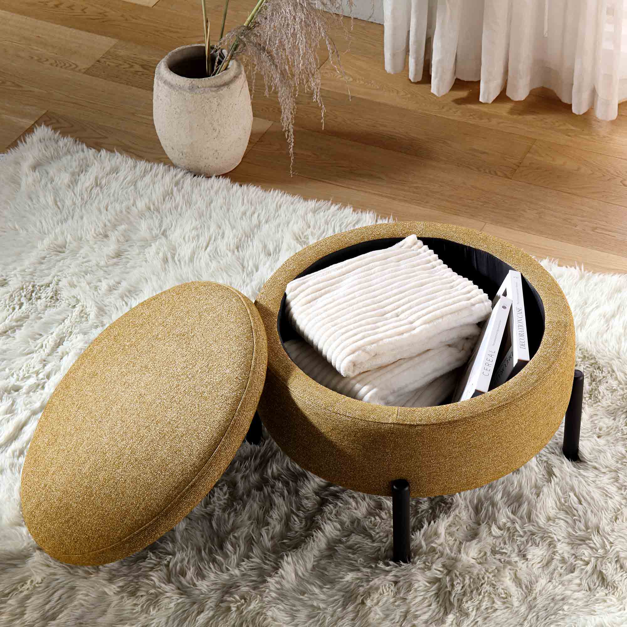 Amboise Round Storage Pouffe, Marigold Textured Fabric - Image 3
