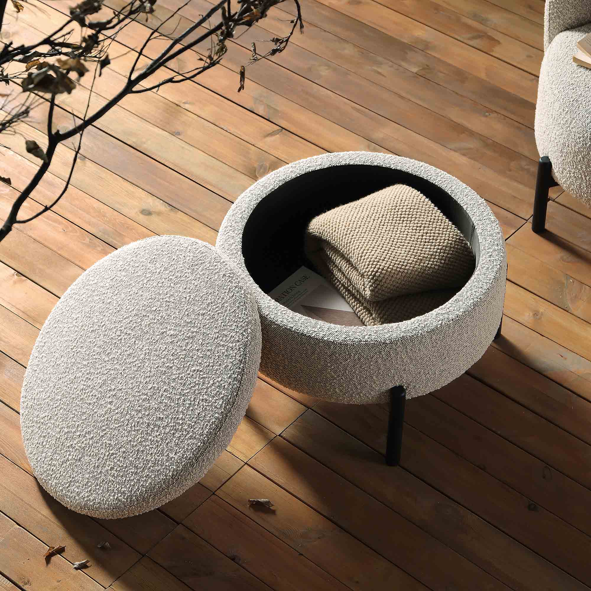 Amboise Round Storage Pouffe, Mist Grey Boucle - Image 3