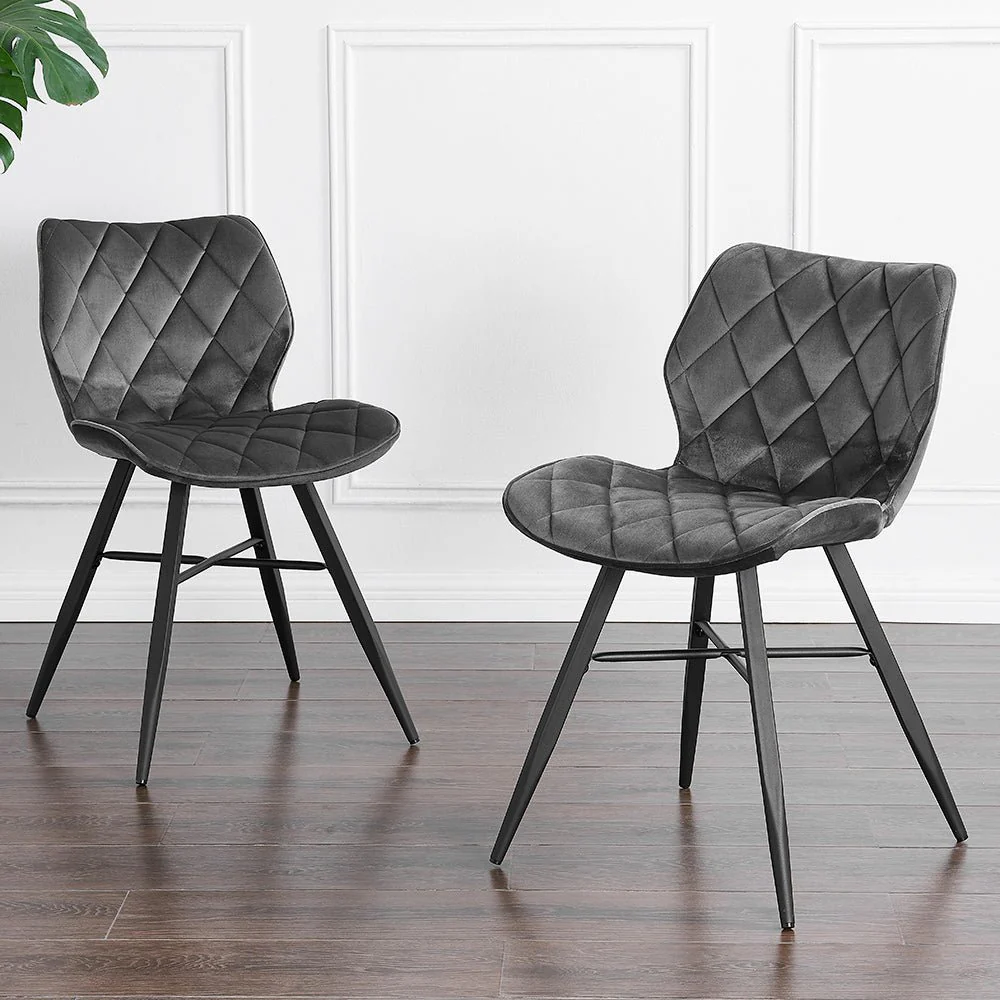 Set of 2 Ampney Velvet Diamond Stitch Dining Chairs with Metal Legs (Dark Grey Velvet) - Image 2