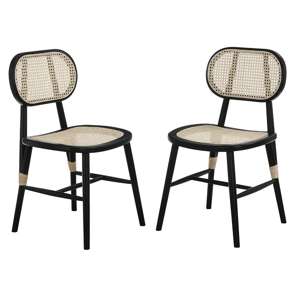 Anya+ Set of 2 Cane Rattan and Upholstered Dining Chairs, Black Colour - Image 2
