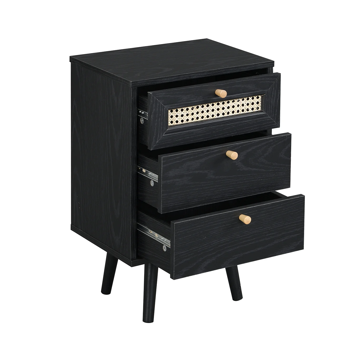 Anya Woven Rattan 3-Drawer Bedside Table in Black Colour - Image 3