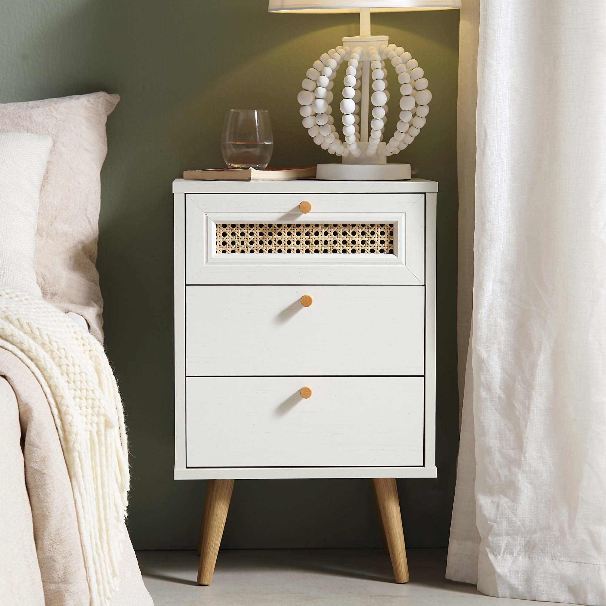 Anya Woven Rattan 3-Drawer Bedside Table in White - Image 2
