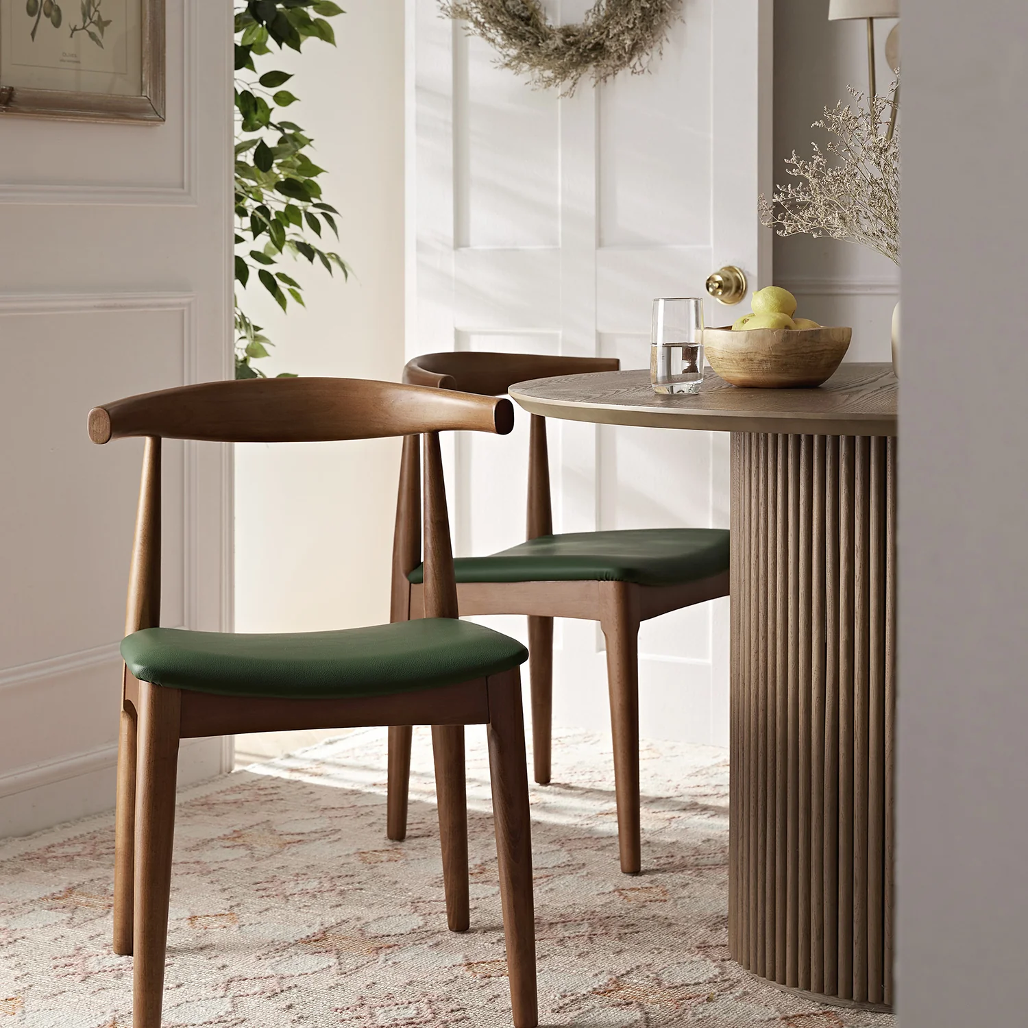 Arley Set of 2 Beech Wood Dining Chairs, Light Walnut and Olive Green - Image 2