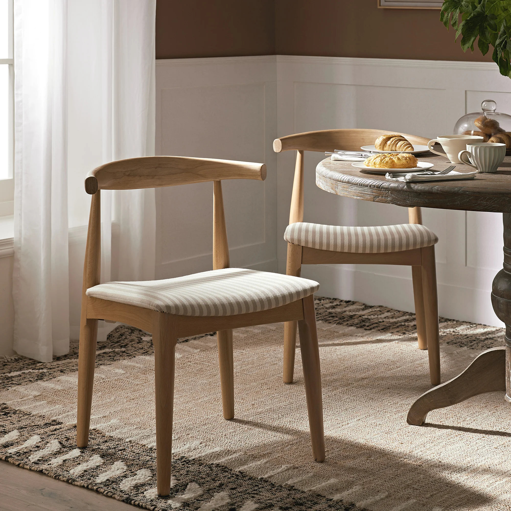 Arley Set of 2 Beech Wood Dining Chairs, Natural and Light Taupe Striped - Image 2
