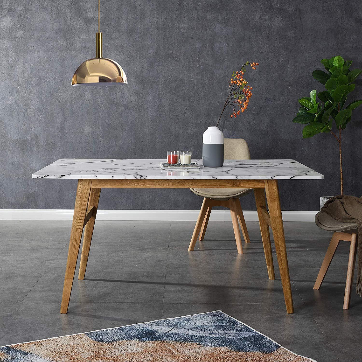 ASCONA White Marble Effect 6-Seater Dining Table with Solid Oak Legs - Image 2