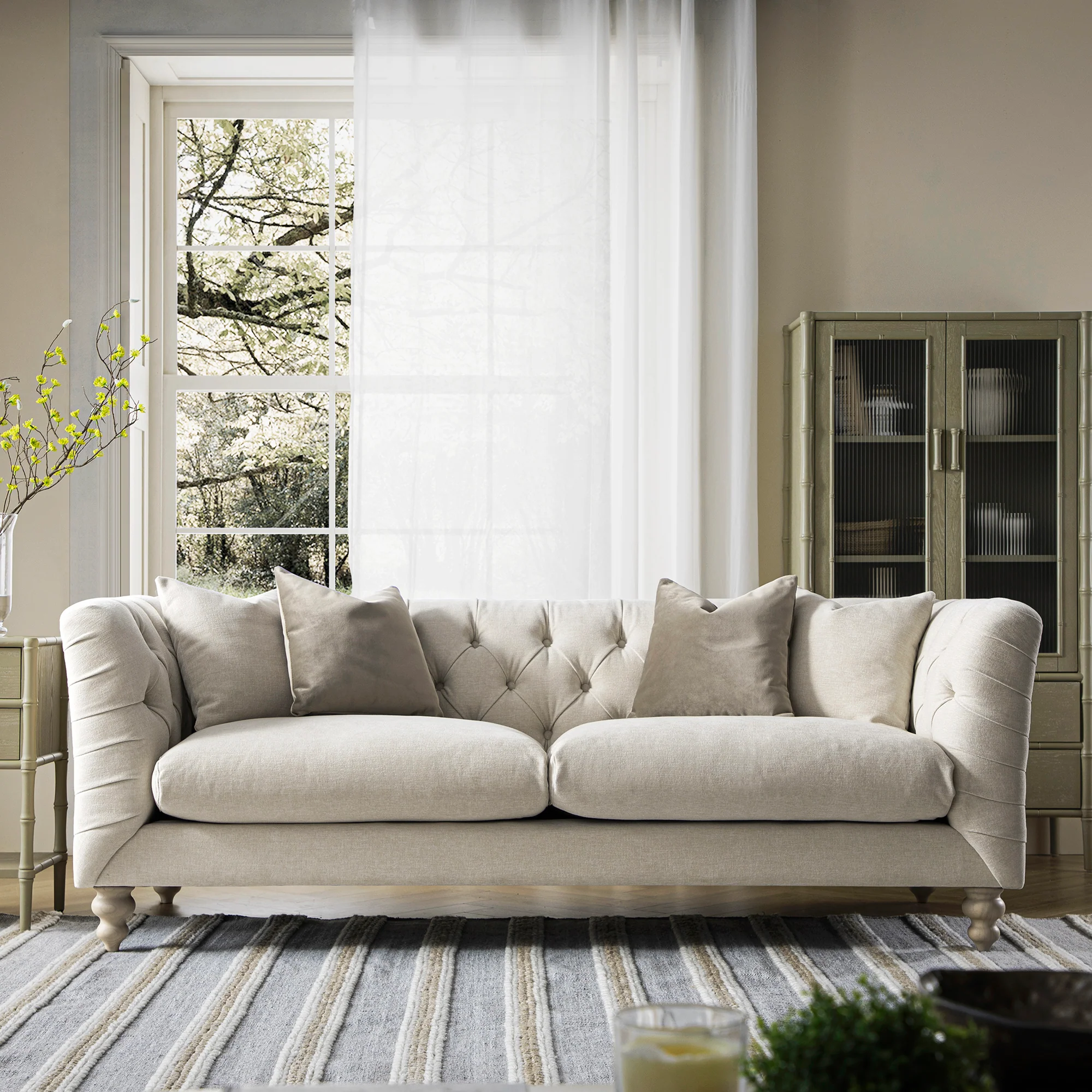 Ashby Chesterfield Large 3-Seater Sofa, Oatmeal Chenille - Image 2