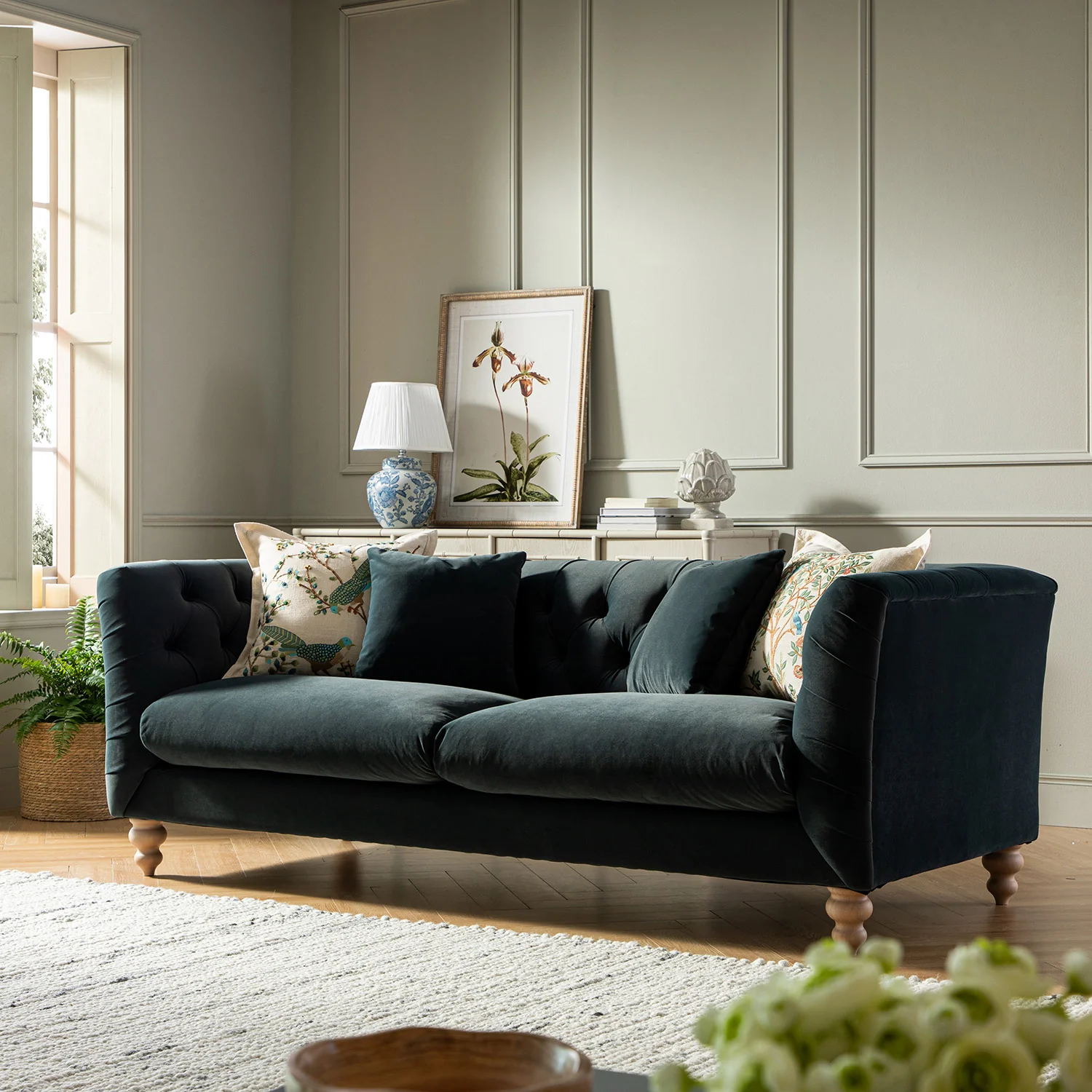 Ashby Chesterfield Large 3-Seater Sofa, Aegean Blue Velvet - Image 2