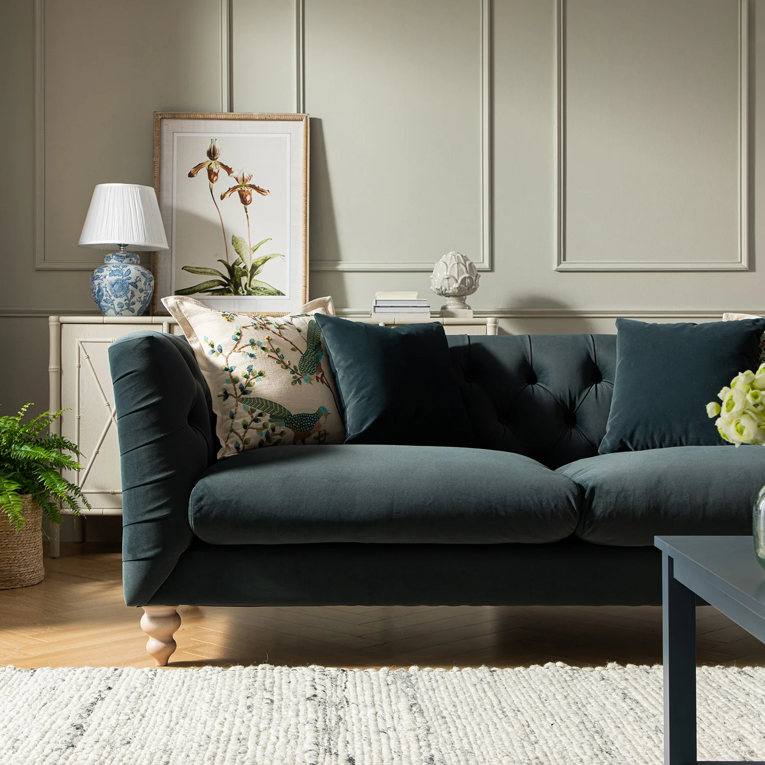 Ashby Chesterfield Large 3-Seater Sofa, Aegean Blue Velvet - Image 5