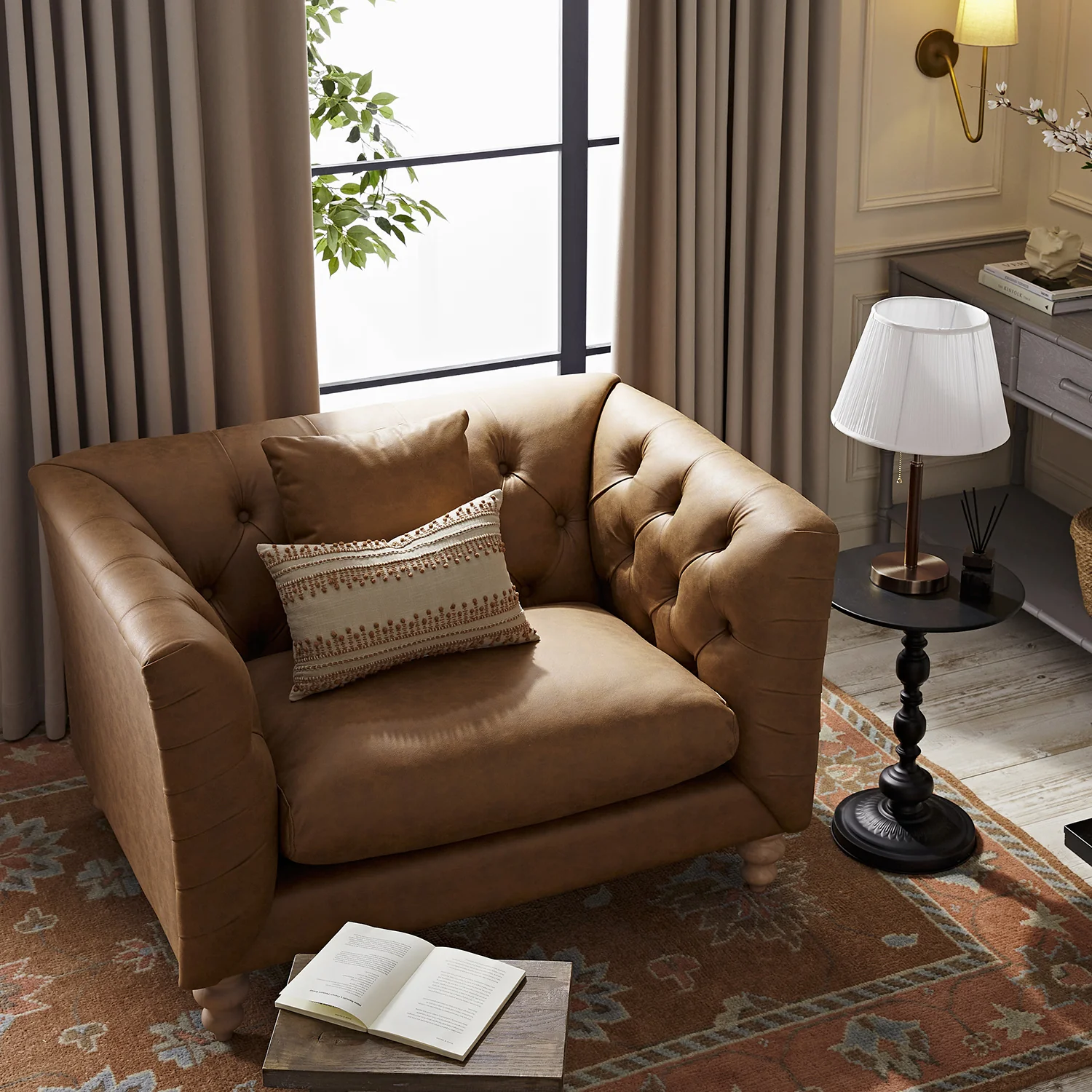 Ashby Chesterfield Loveseat, Tan Faux Leather - Image 3