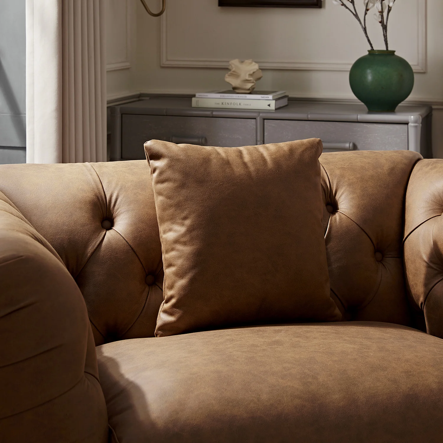 Ashby Chesterfield Loveseat, Tan Faux Leather - Image 6