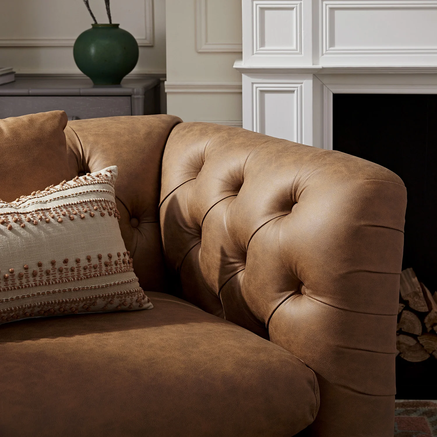 Ashby Chesterfield Loveseat, Tan Faux Leather - Image 7