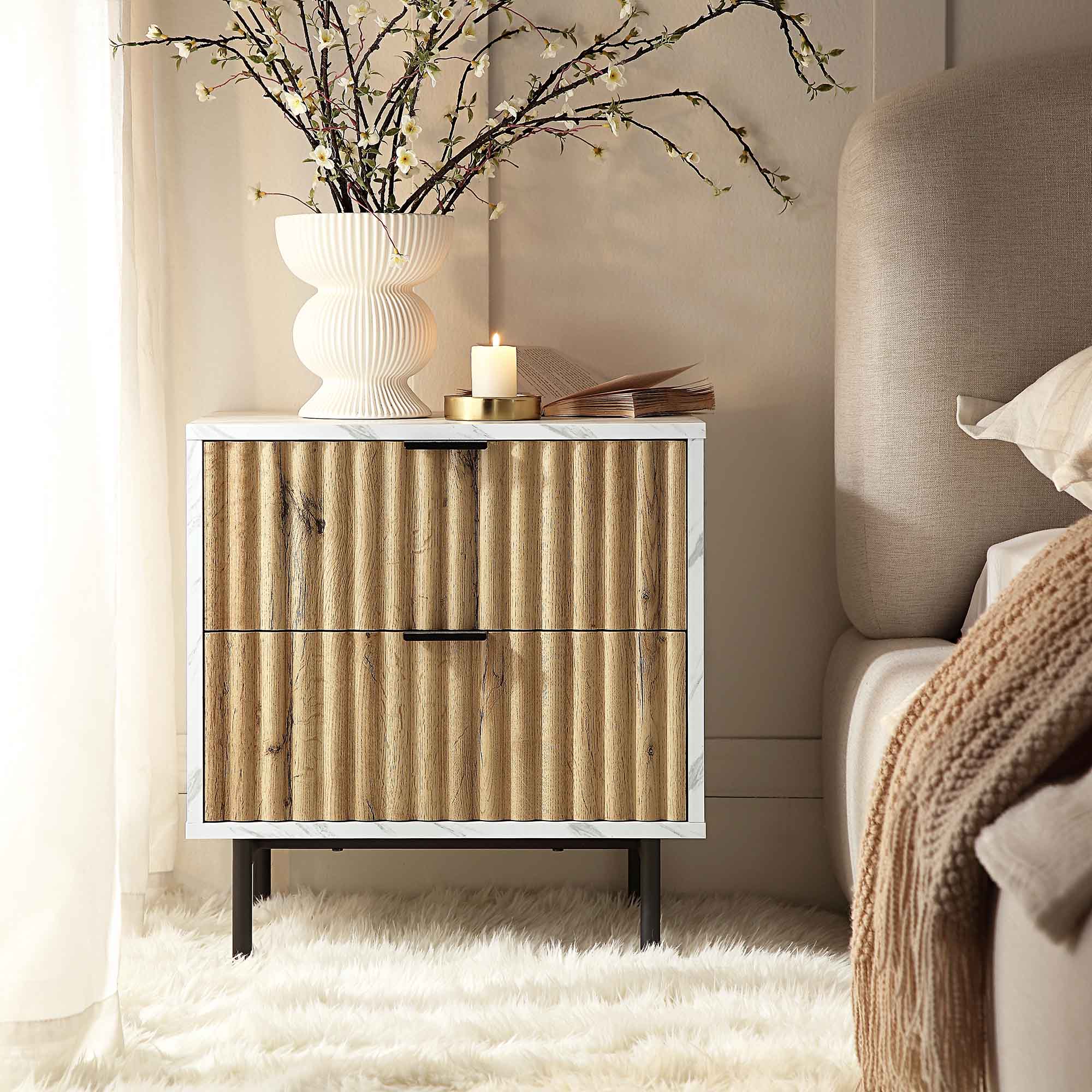 Aspen Oak and Marble Effect 2-Drawer Bedside Table - Image 2