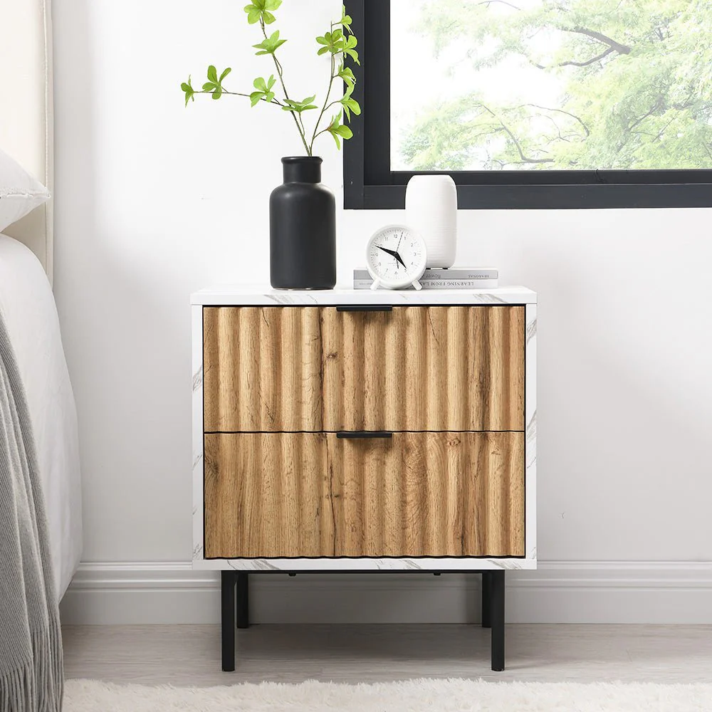 Aspen Oak and Marble Effect 2-Drawer Bedside Table - Image 5