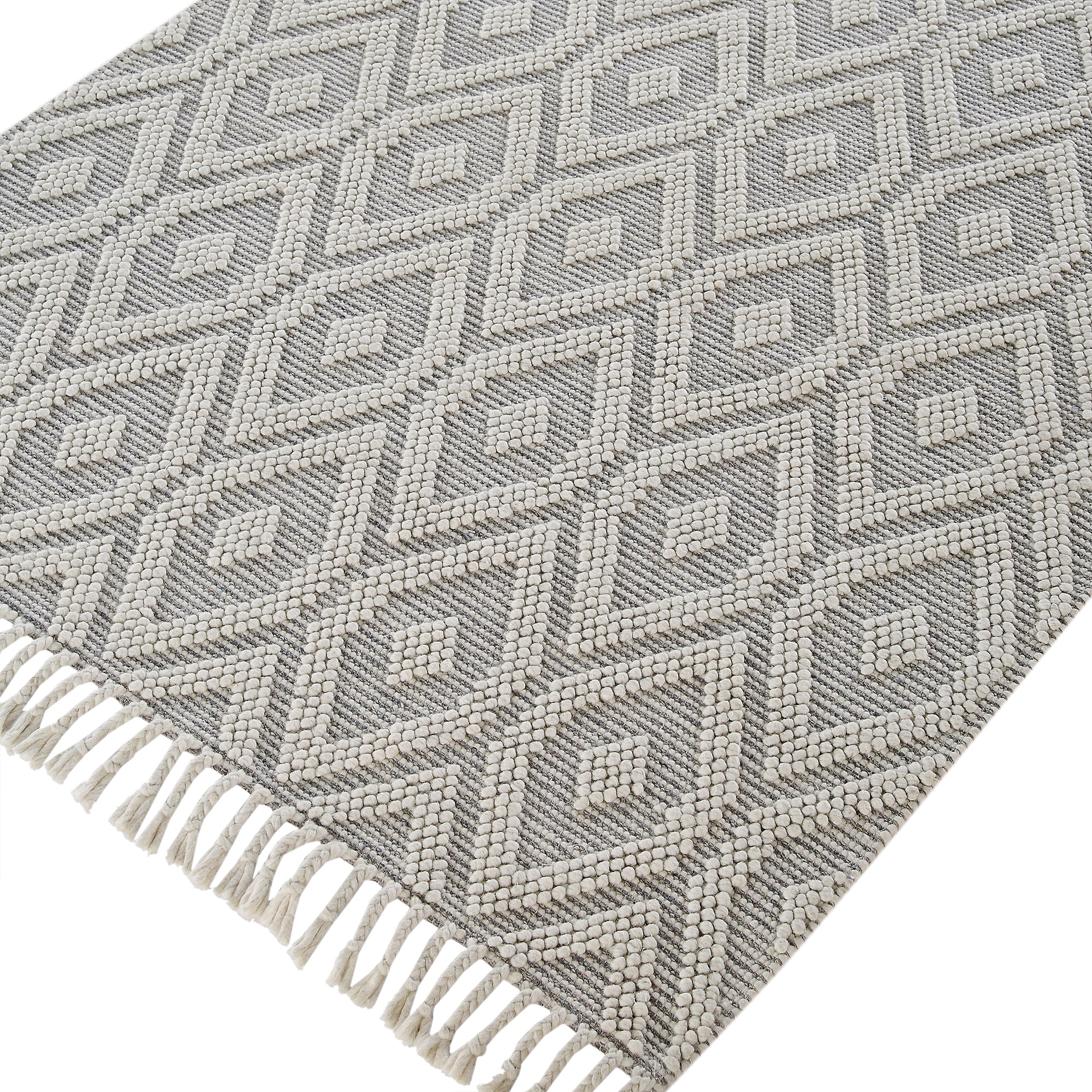 Avanti Handwoven Light Grey and Cream Diamond Bobble Wool Rug - Image 5
