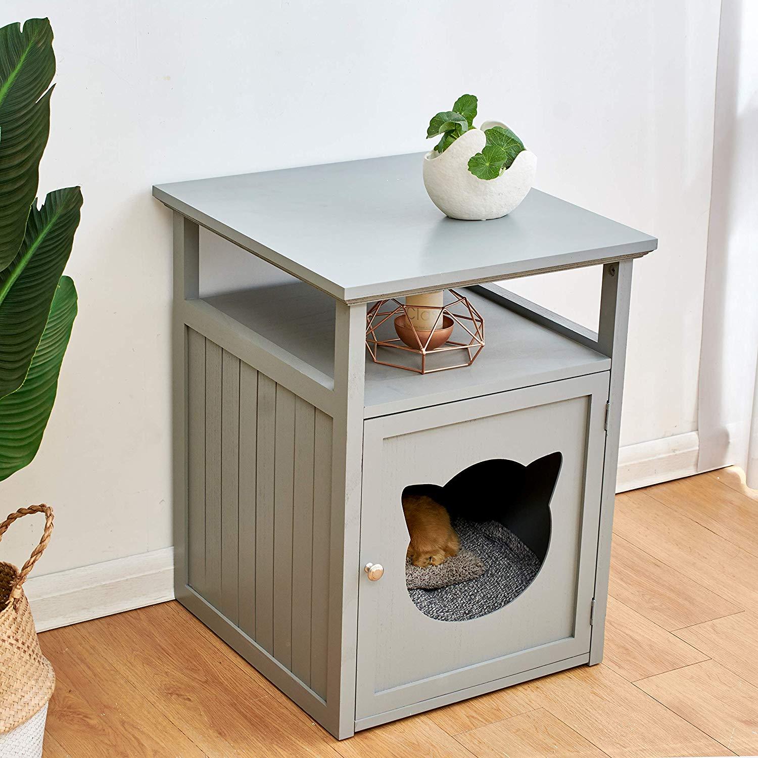 BASTET Wooden Cat Cave Bedside Cabinet Litter Box Cat House Nightstand Grey - Image 2