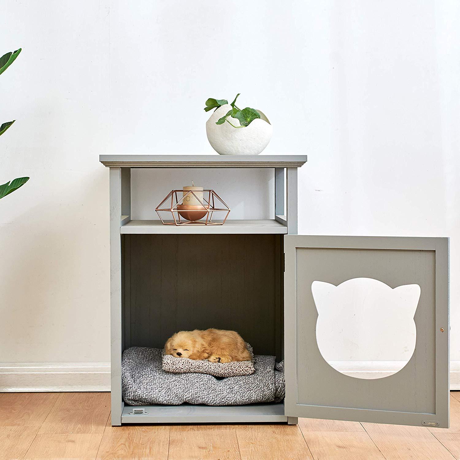 BASTET Wooden Cat Cave Bedside Cabinet Litter Box Cat House Nightstand Grey - Image 3