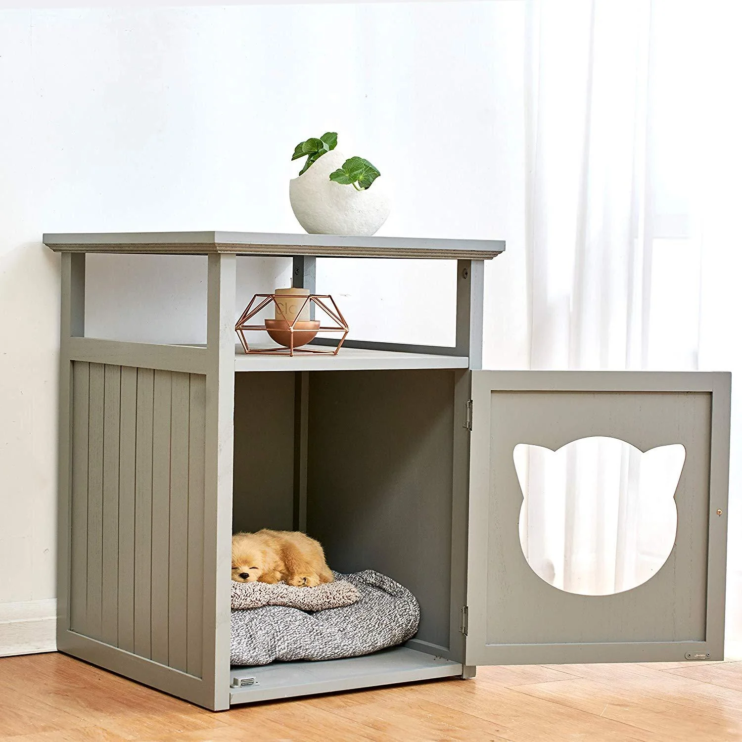 BASTET Wooden Cat Cave Bedside Cabinet Litter Box Cat House Nightstand Grey - Image 4