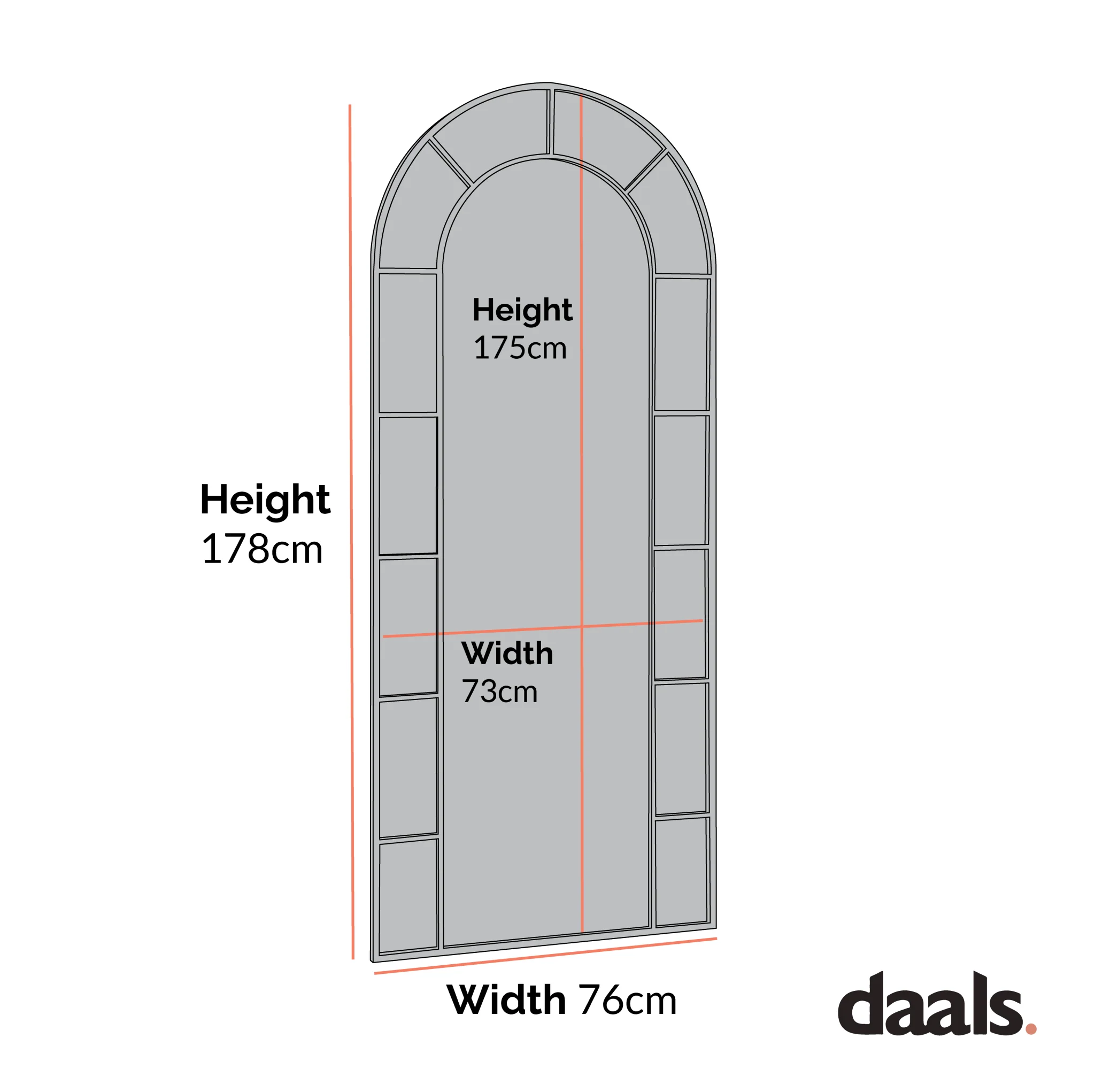 Beaumont Arched Full Length Metal Frame Mirror 178 x 76 cm, Black - Image 5