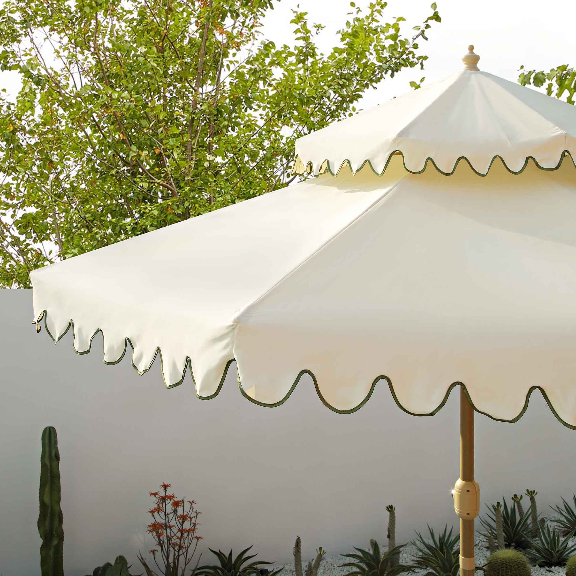 Fabienne Beige 3M Octagonal Double Top Crank and Tilt Parasol with Green Scalloped Edge - Image 3