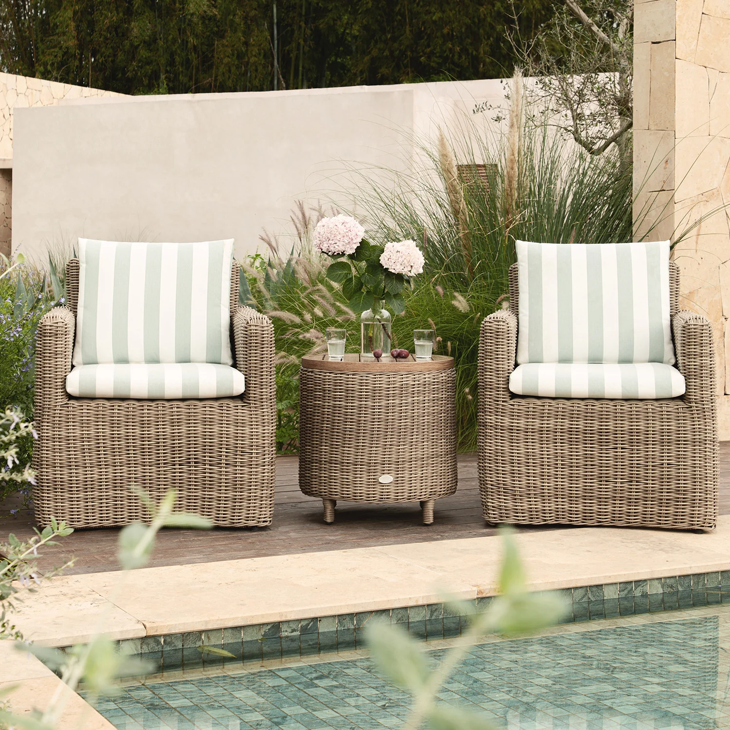 Bellagio Round Wicker Bistro Set with Rising Side Table, Natural with Sage Stripes - Image 2