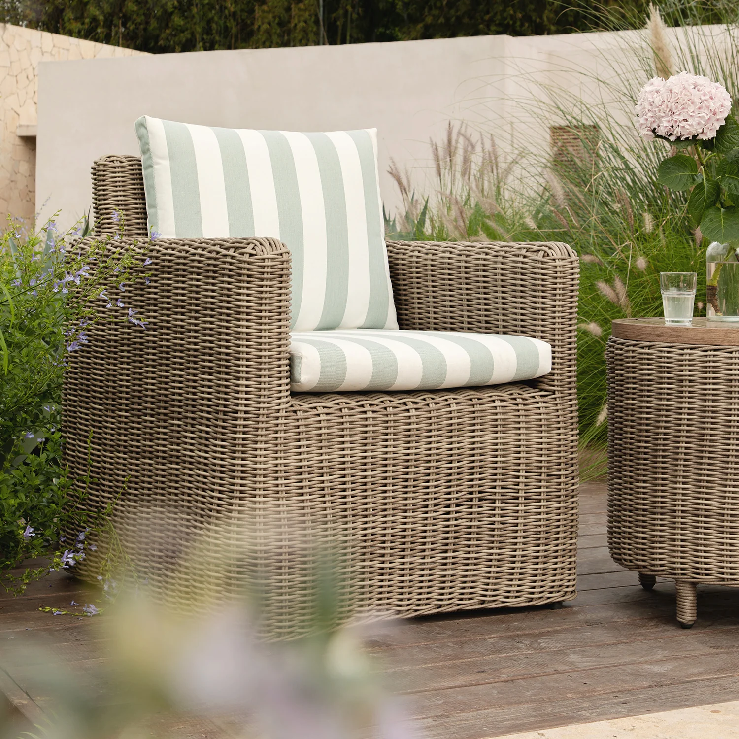 Bellagio Round Wicker Bistro Set with Rising Side Table, Natural with Sage Stripes - Image 3