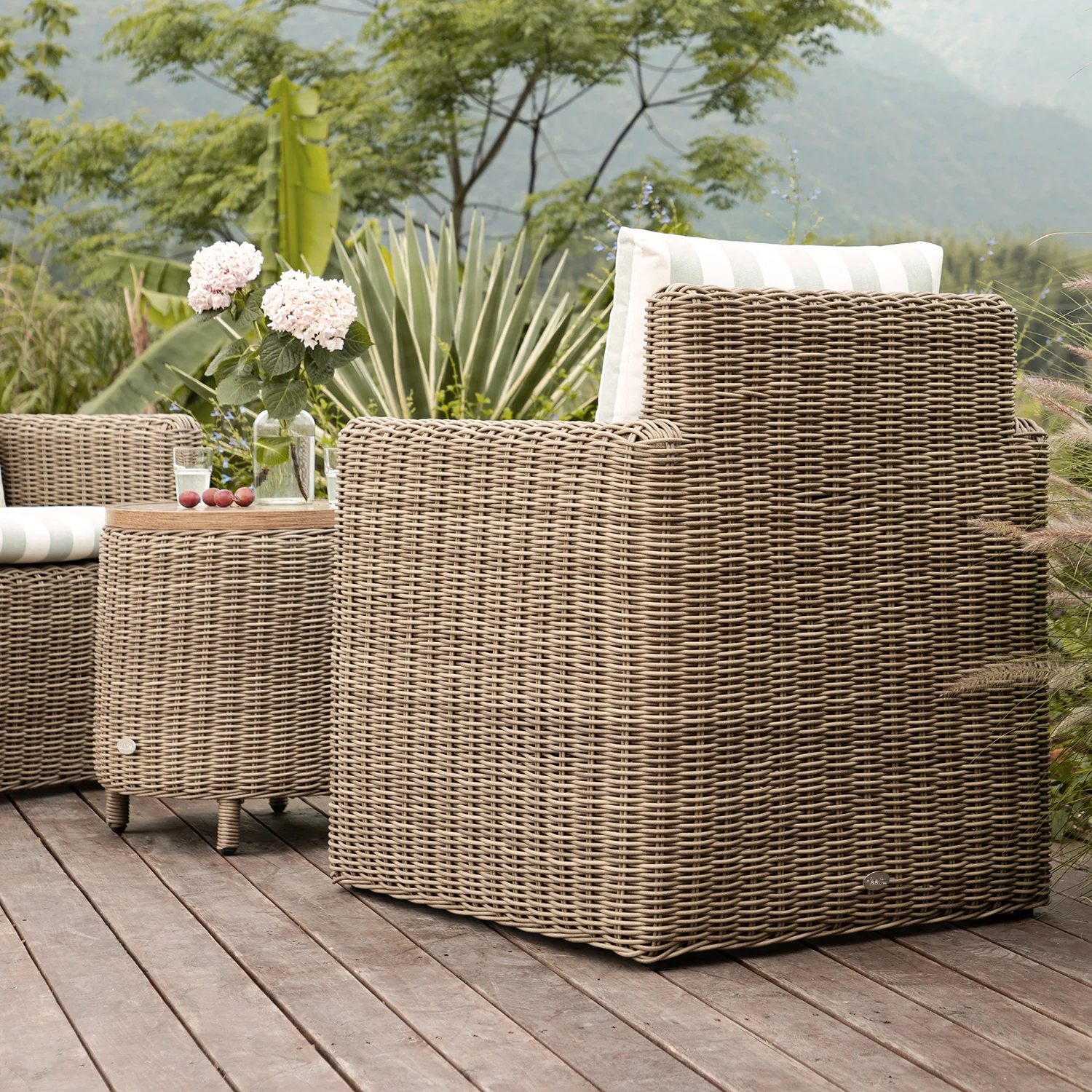 Bellagio Round Wicker Bistro Set with Rising Side Table, Natural with Sage Stripes - Image 4