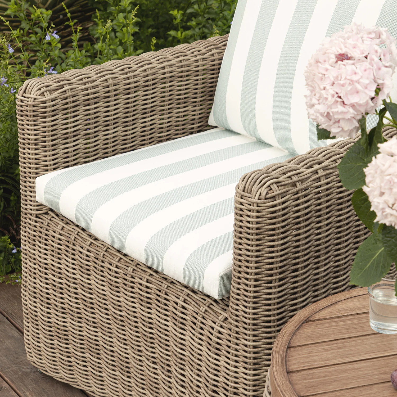 Bellagio Round Wicker Bistro Set with Rising Side Table, Natural with Sage Stripes - Image 5