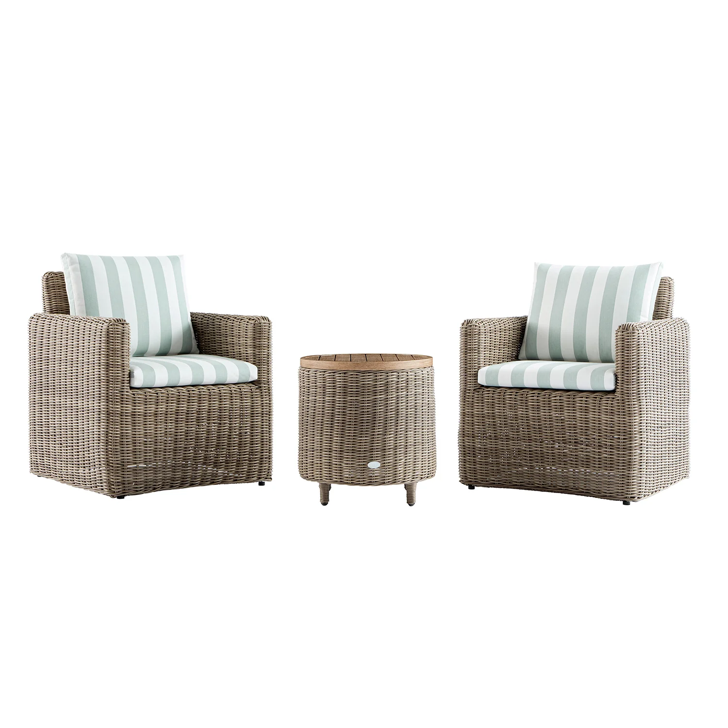 Bellagio Round Wicker Bistro Set with Rising Side Table, Natural with Sage Stripes - Image 9