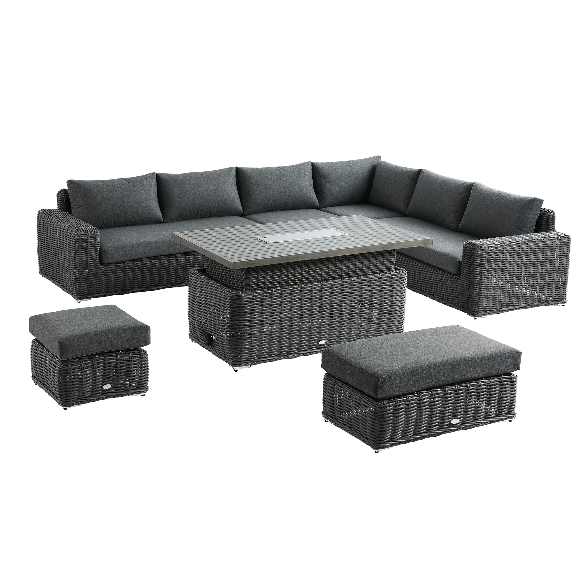Bellagio Round Wicker Large Corner Casual Dining Set with Rising Firepit Table, Dark Grey - Image 10