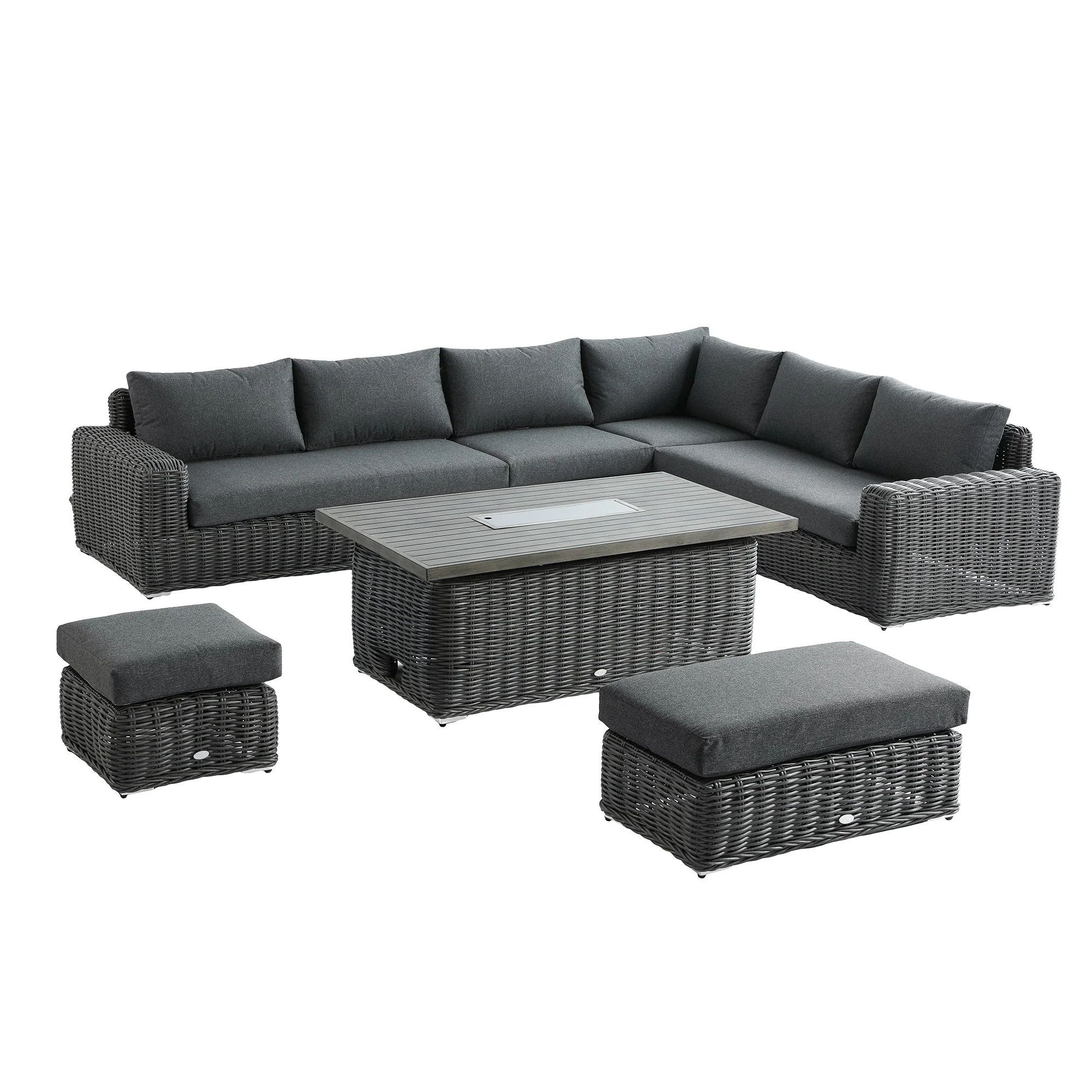 Bellagio Round Wicker Large Corner Casual Dining Set with Rising Firepit Table, Dark Grey - Image 12