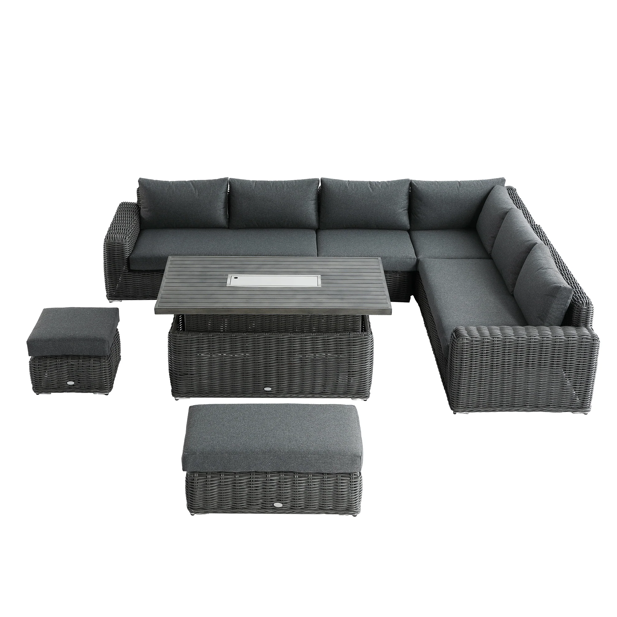 Bellagio Round Wicker Large Corner Casual Dining Set with Rising Firepit Table, Dark Grey - Image 13