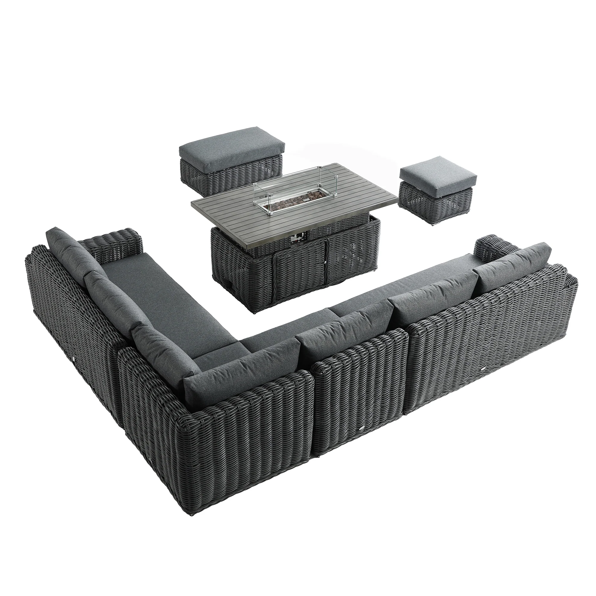 Bellagio Round Wicker Large Corner Casual Dining Set with Rising Firepit Table, Dark Grey - Image 14