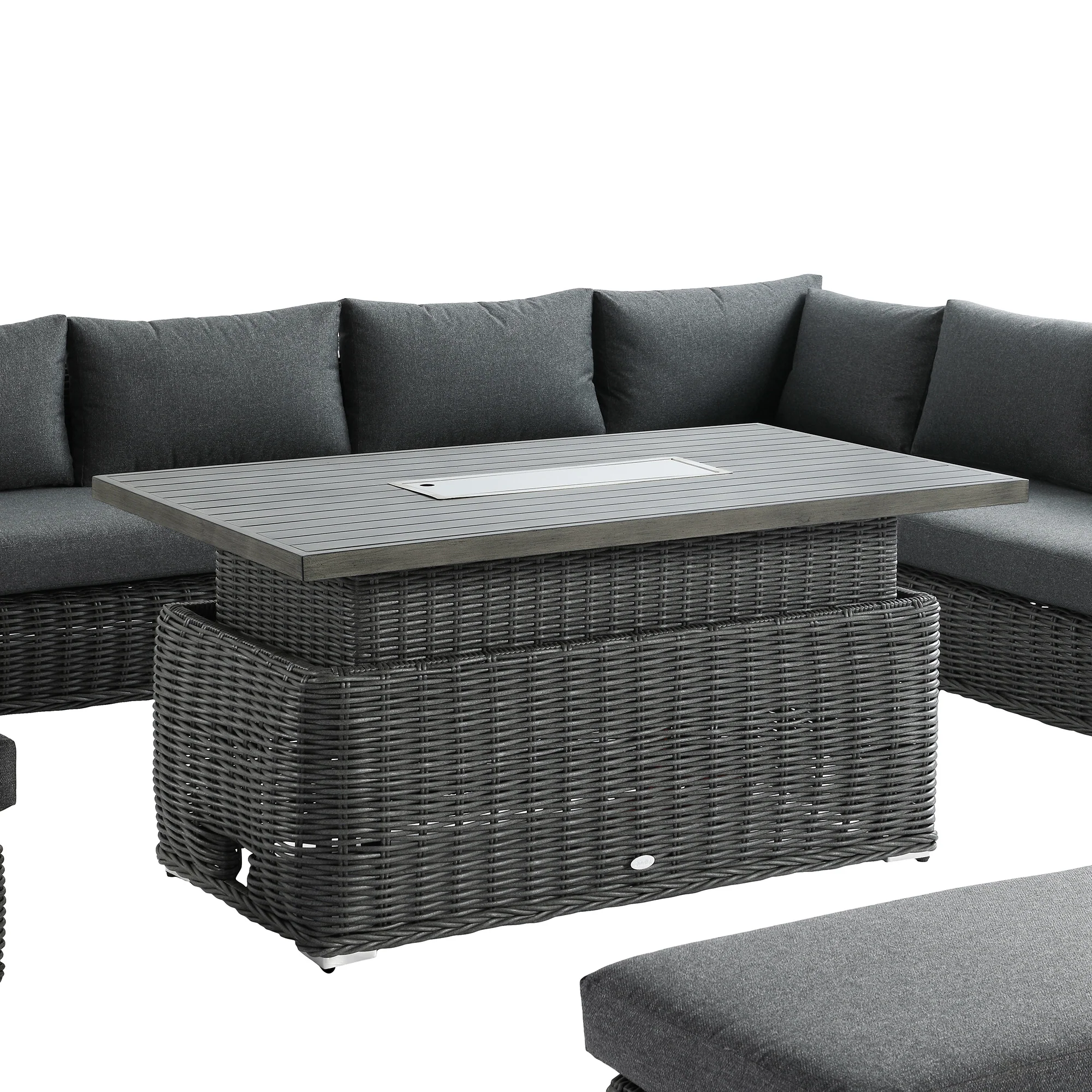 Bellagio Round Wicker Large Corner Casual Dining Set with Rising Firepit Table, Dark Grey - Image 16