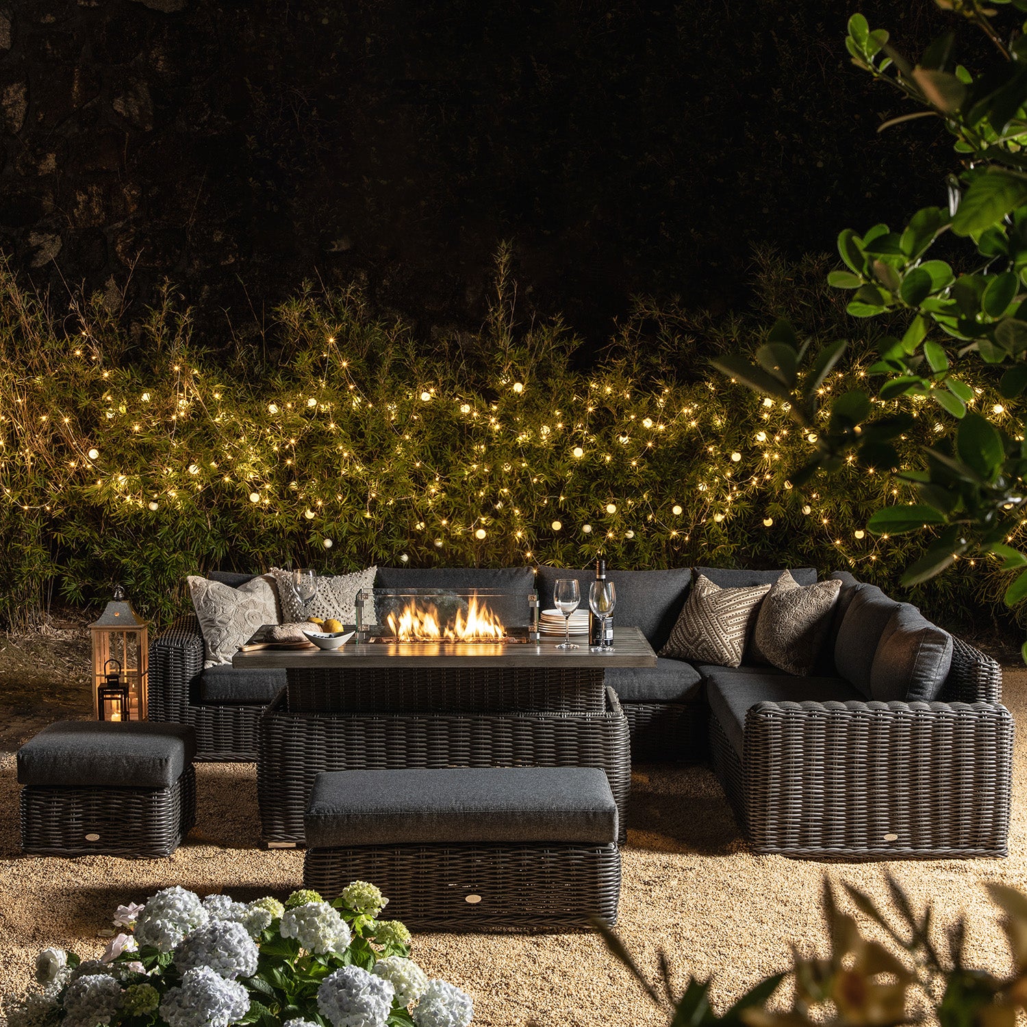 Bellagio Round Wicker Large Corner Casual Dining Set with Rising Firepit Table, Dark Grey - Image 2