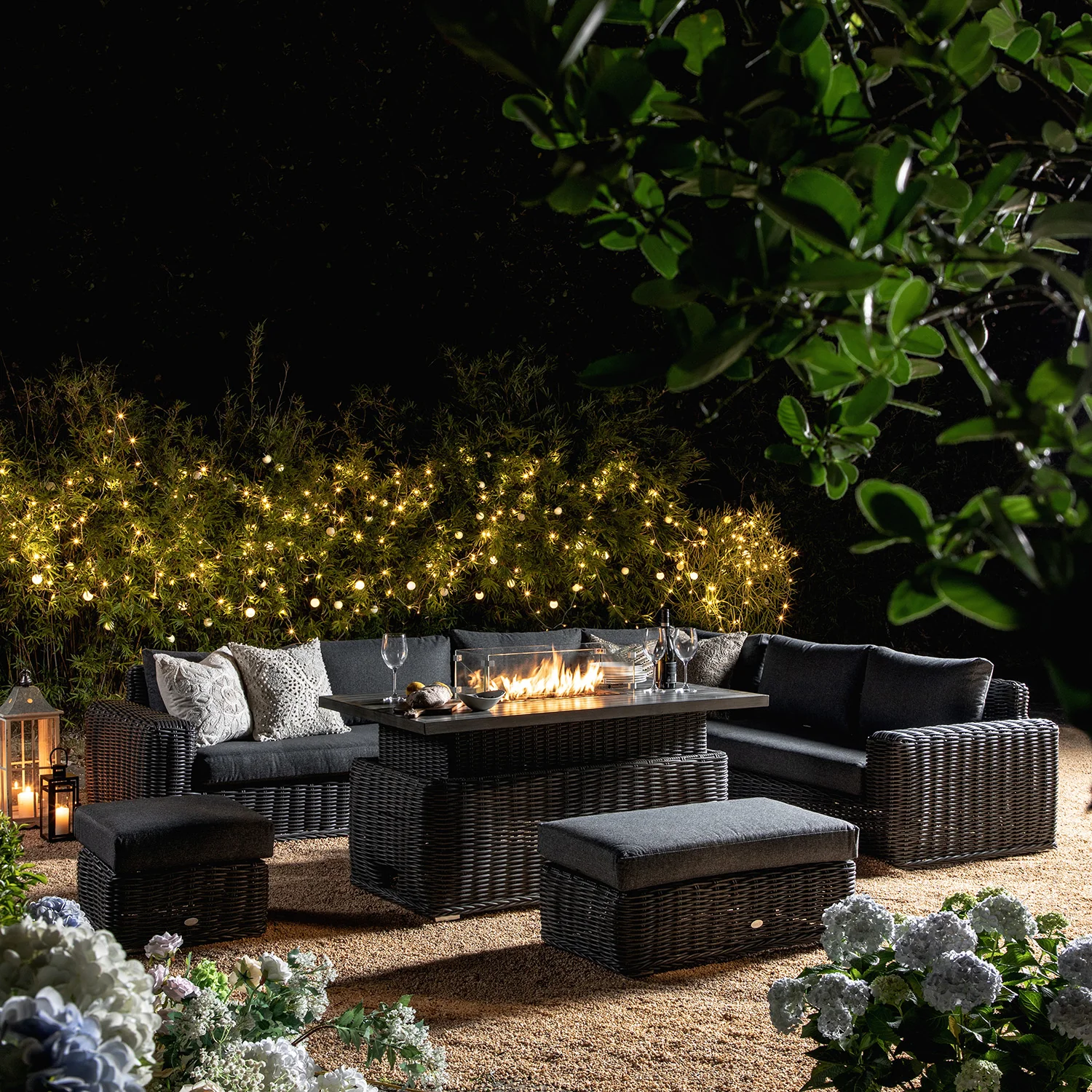Bellagio Round Wicker Large Corner Casual Dining Set with Rising Firepit Table, Dark Grey - Image 3
