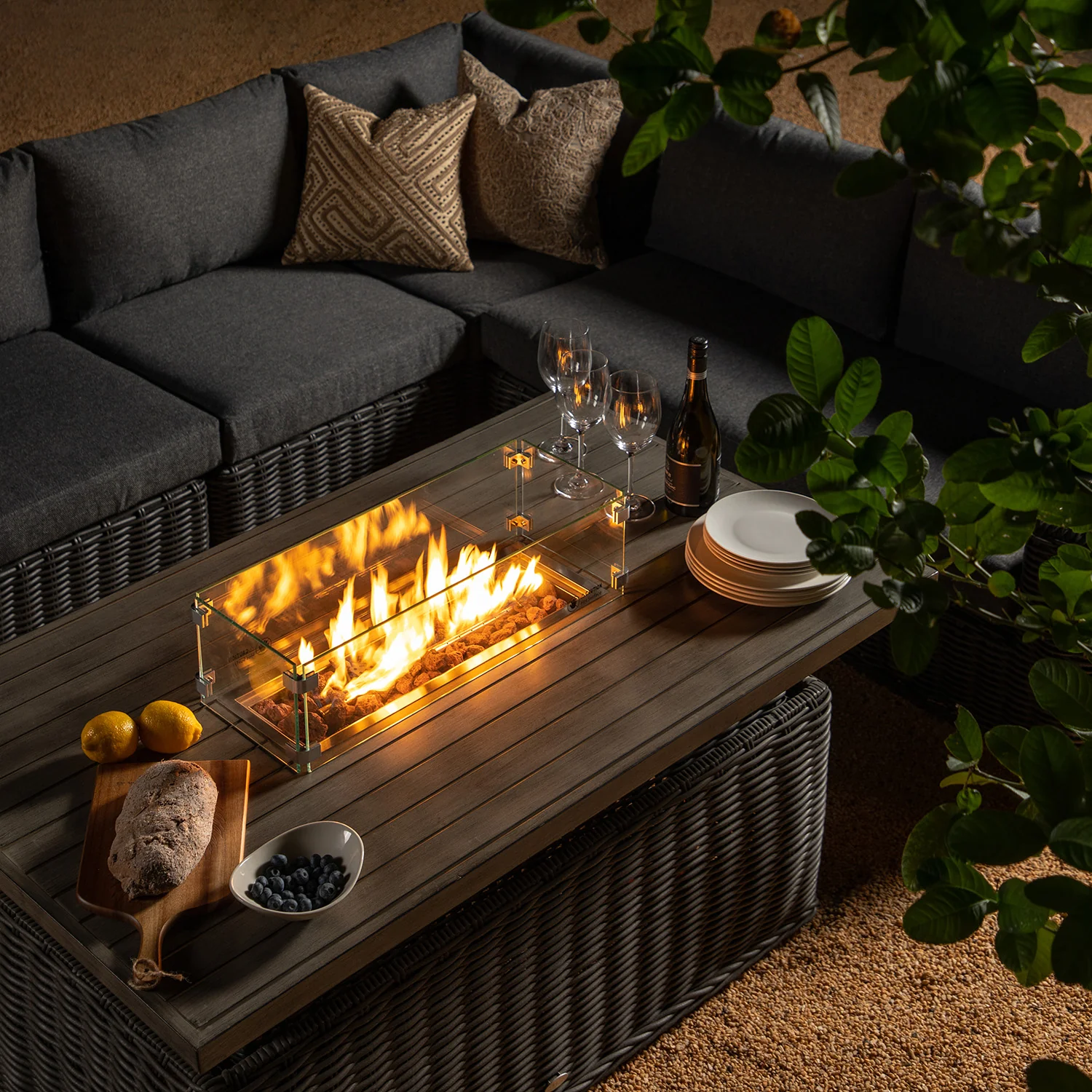 Bellagio Round Wicker Large Corner Casual Dining Set with Rising Firepit Table, Dark Grey - Image 6