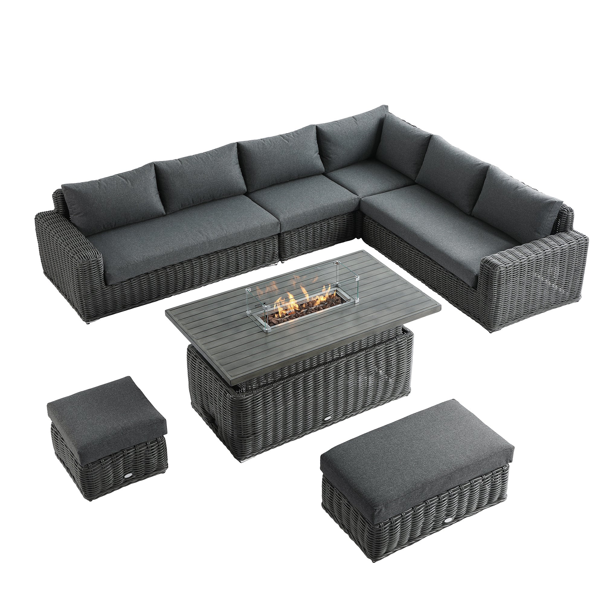 Bellagio Round Wicker Large Corner Casual Dining Set with Rising Firepit Table, Dark Grey - Image 9