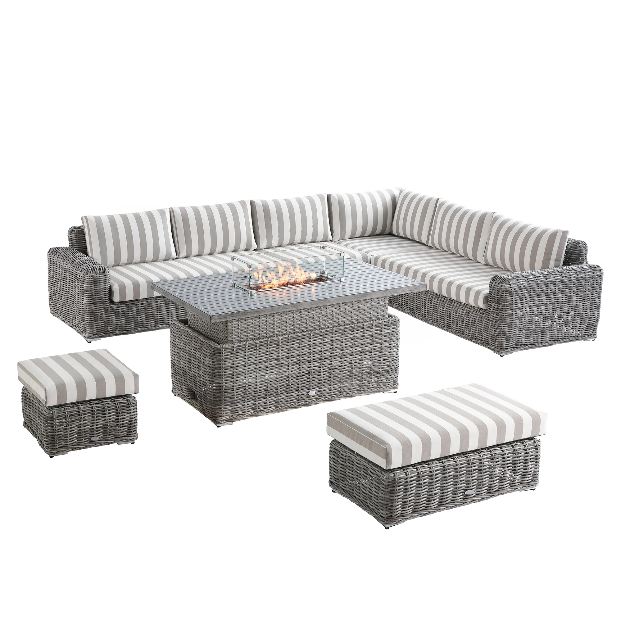 Bellagio Round Wicker Large Corner Casual Dining Set with Rising Firepit Table, Light Grey with Taupe Stripes - Image 10